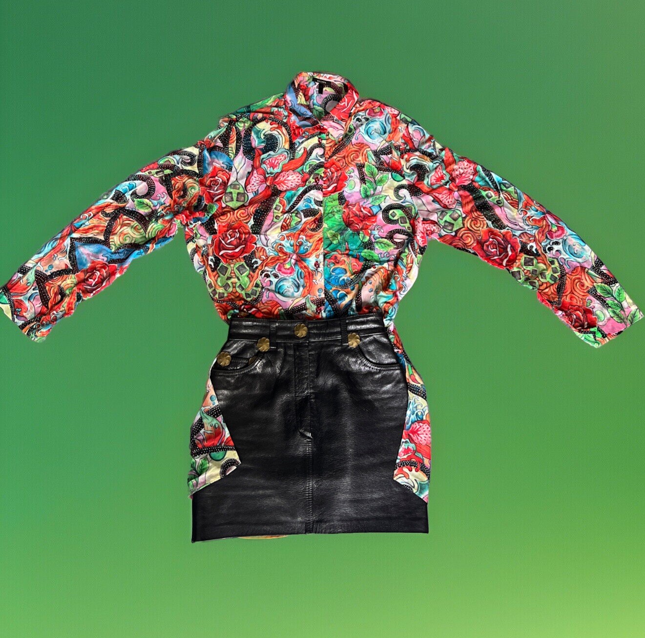 Escada Limited Edition 80s 90s Multicolored Floral Rose Ocean Wave Shirt Size 44
