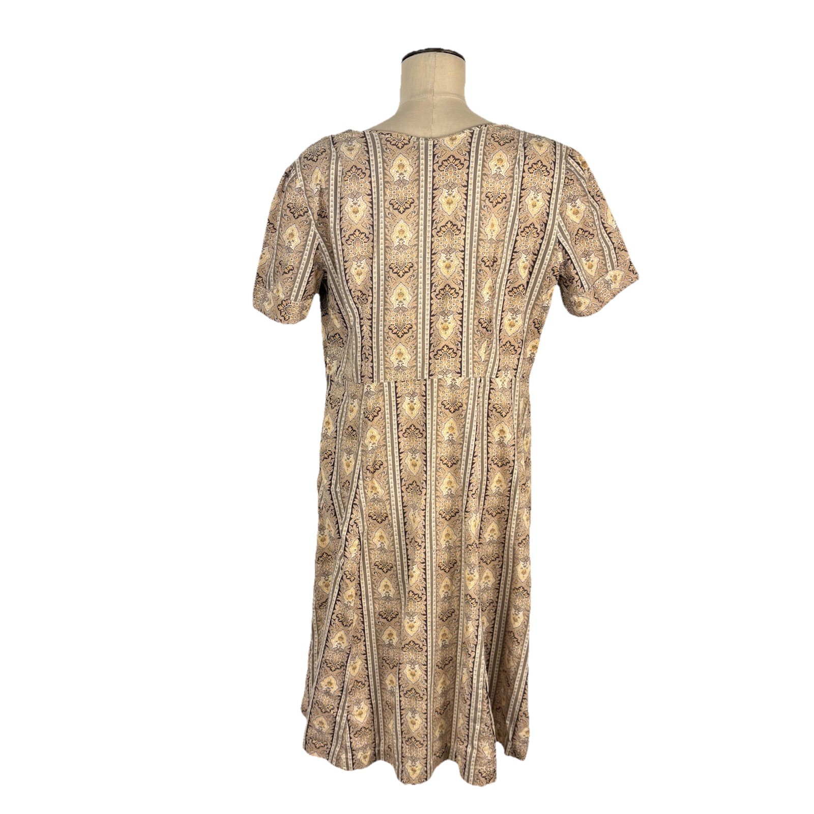 VTG 60s Handmade Paisley Border Print Dress Womens L/XL Mod MCM Boho Earth Tone