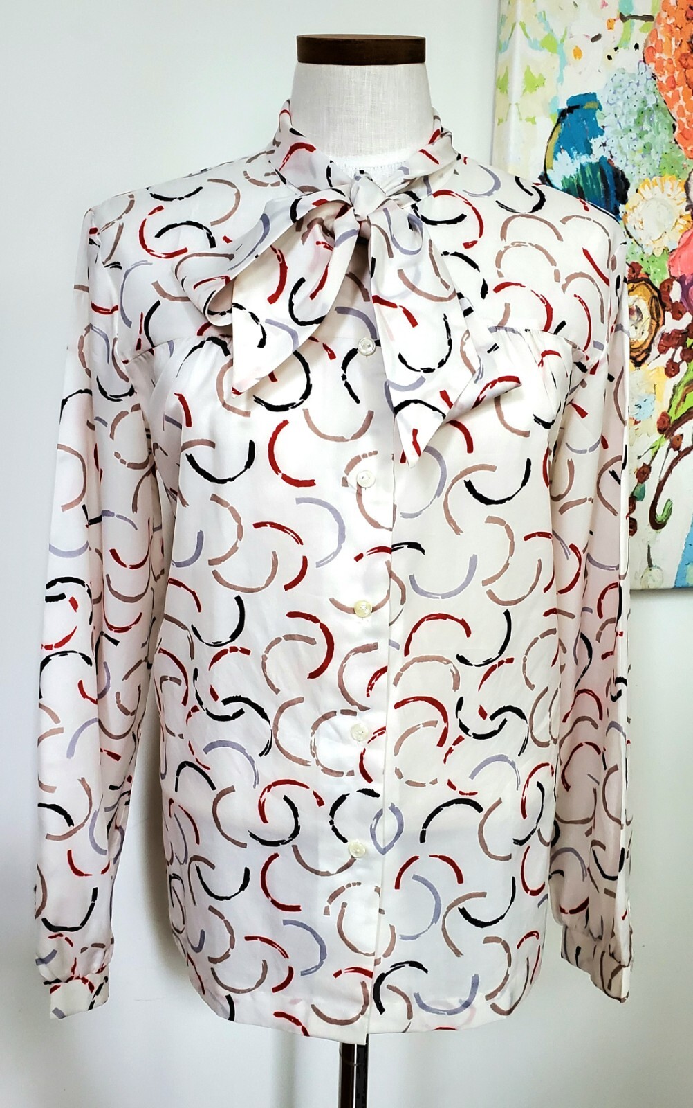 Vtg 80s Manor Park Cream Geometric Prints Front Tie Bow Button Up Blouse Sz L/XL
