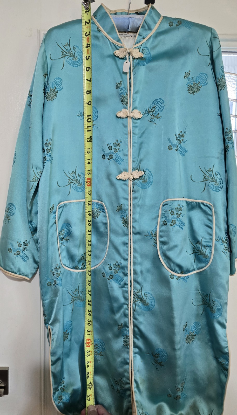 Vintage 50s Chinese Brocade Hostess Gown- Women’s- Turquoise Satin-Size 42/L