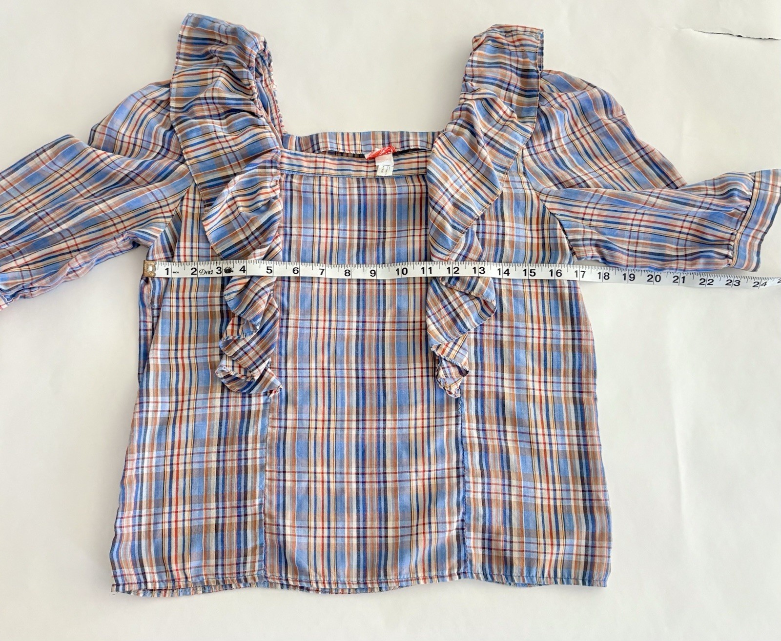Vintage 70s Plaid Prairie Ruffle Blouse M Cottagecore Puff Sleeve Peasant Top