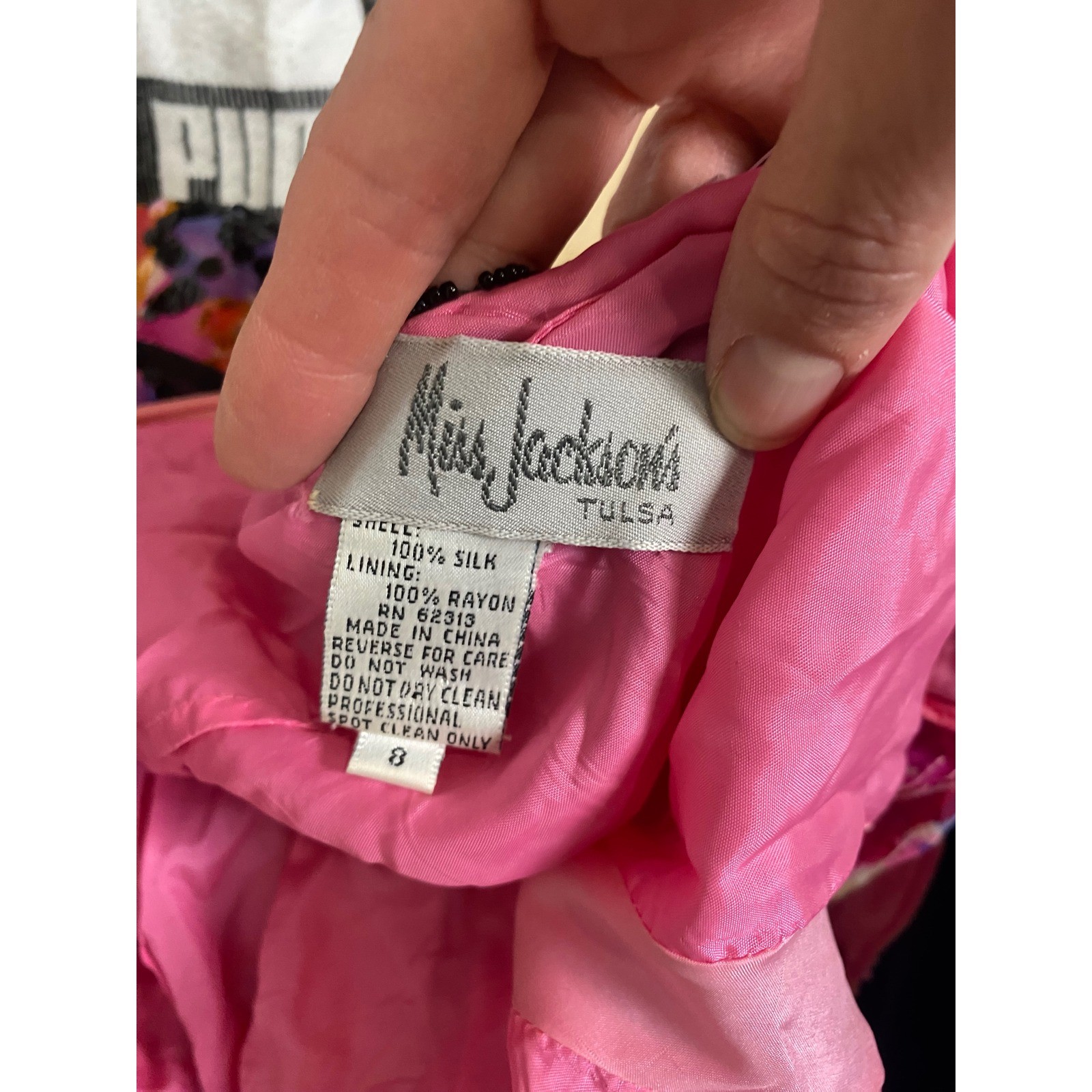 Vintage Miss Jackson Silk Beaded Sequin Dress Pink Abstract Floral Deep Back 8