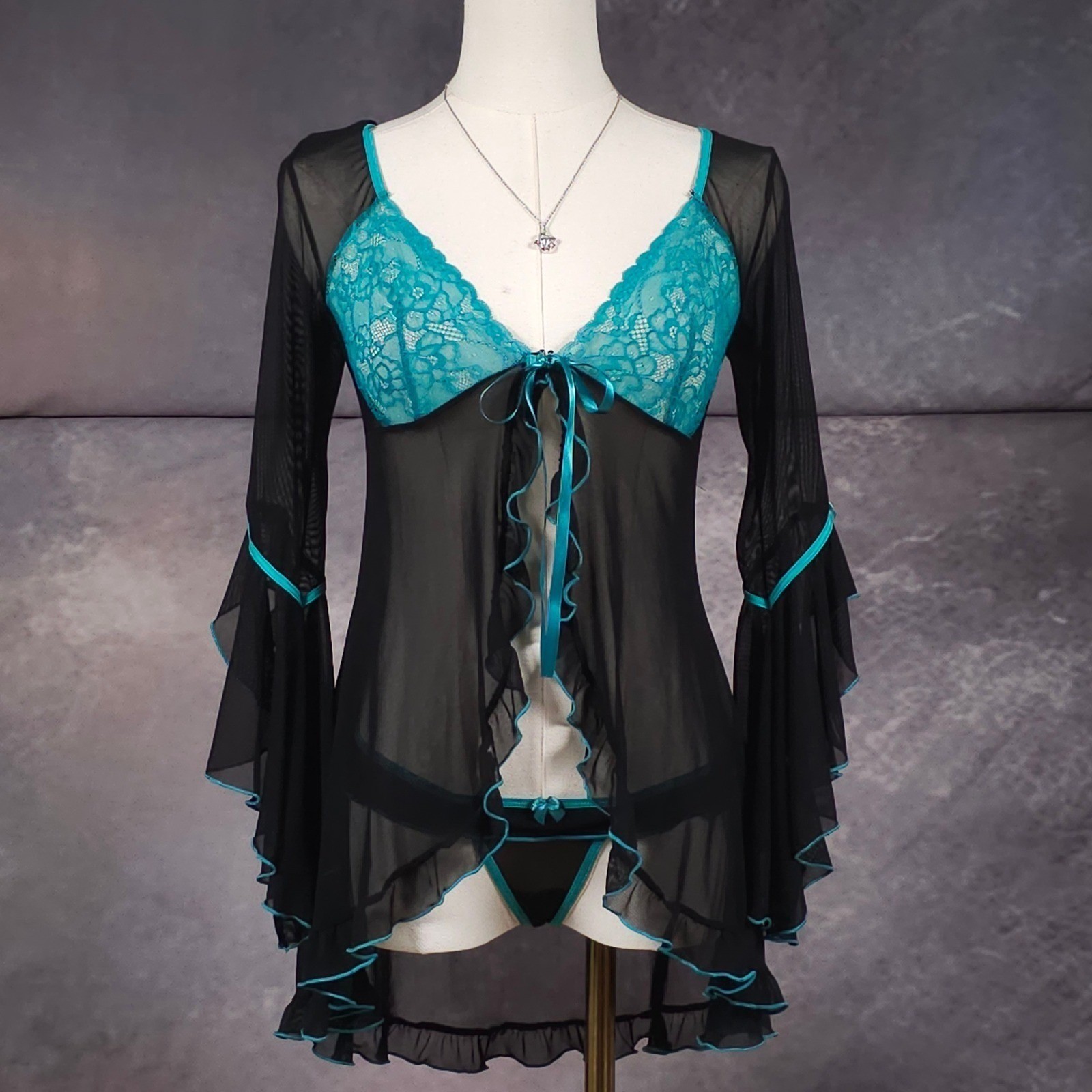 Vintage Y2K Escante Lace Mesh Babydoll Sheer Bell Sleeve Lingerie Set Black S