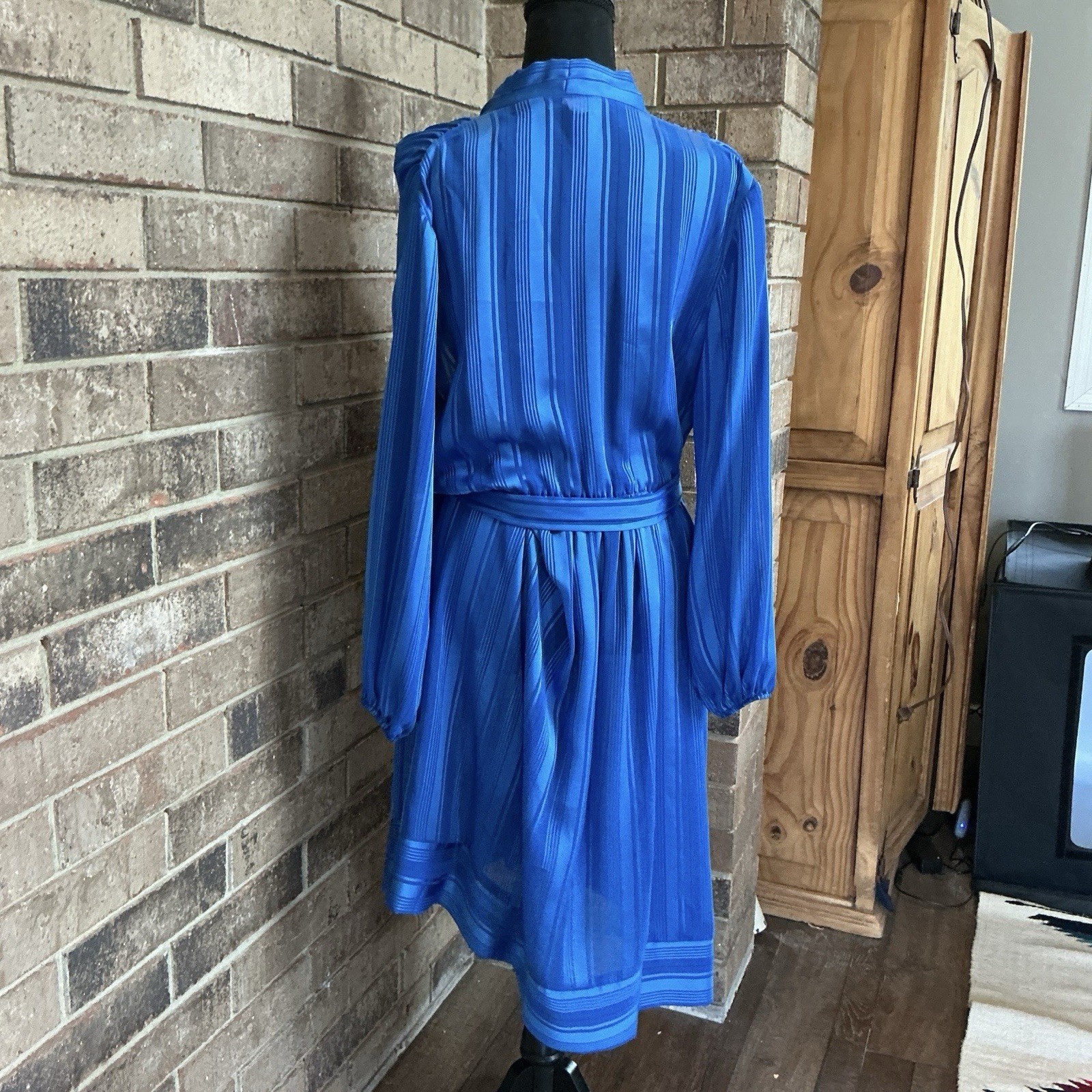 70s VTG Marinette Royal Blue Stripe Wrap Dress Belt 100% Polyester Size 12 #18D7