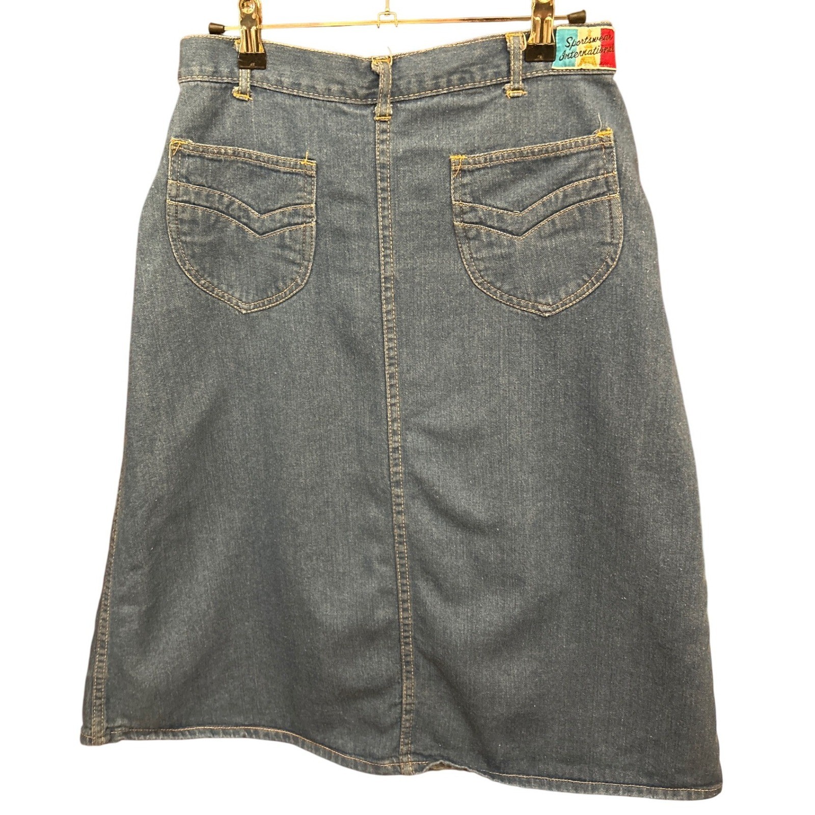 70s Sportswear International Denim Midi Skirt Boho Western Retro High Waist
