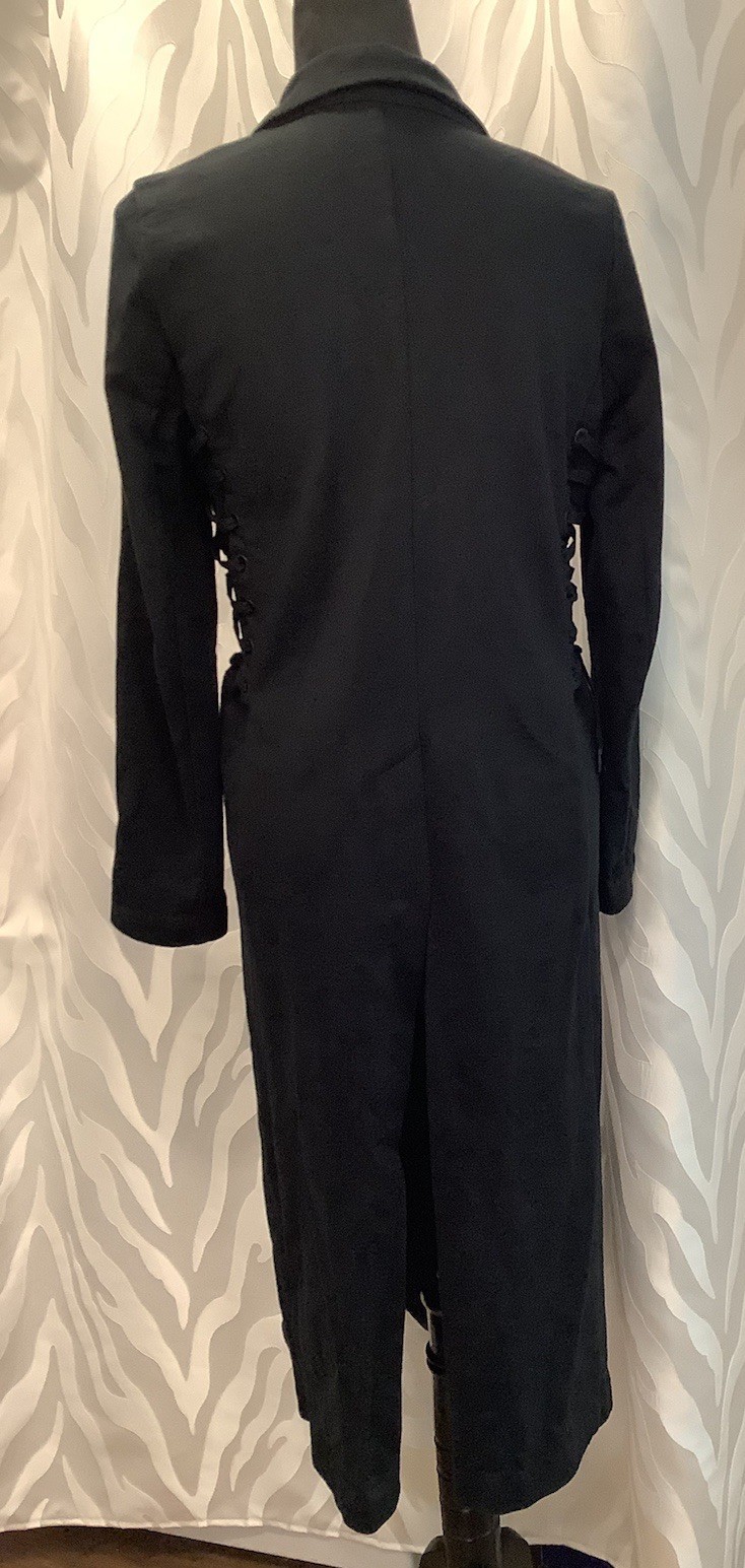 Black Corset Lace Up Sides Split Sleeves Dbl. Breasted Long Goth Coat S/M