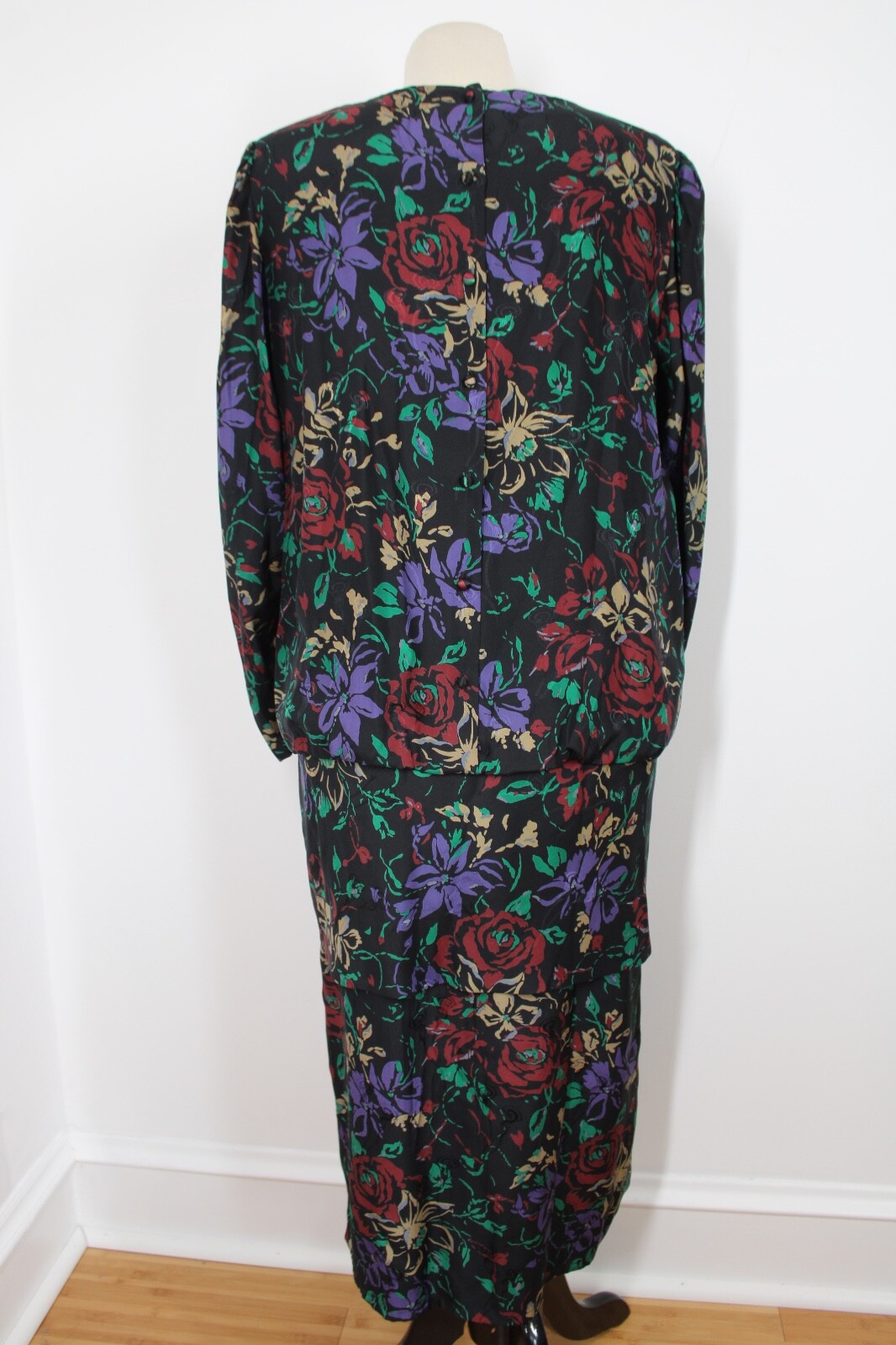 Vtg 80s Francesca of Damon Starington 10 Dark Floral Silk Drop Waist Dress
