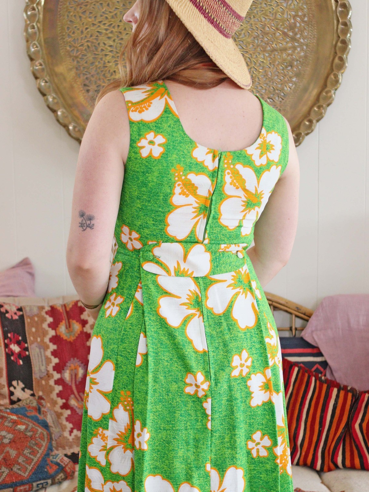 VTG Robin Art of Hawaii Green Hawaiian Barkcloth Dress 1970s Maxi Cotton dress