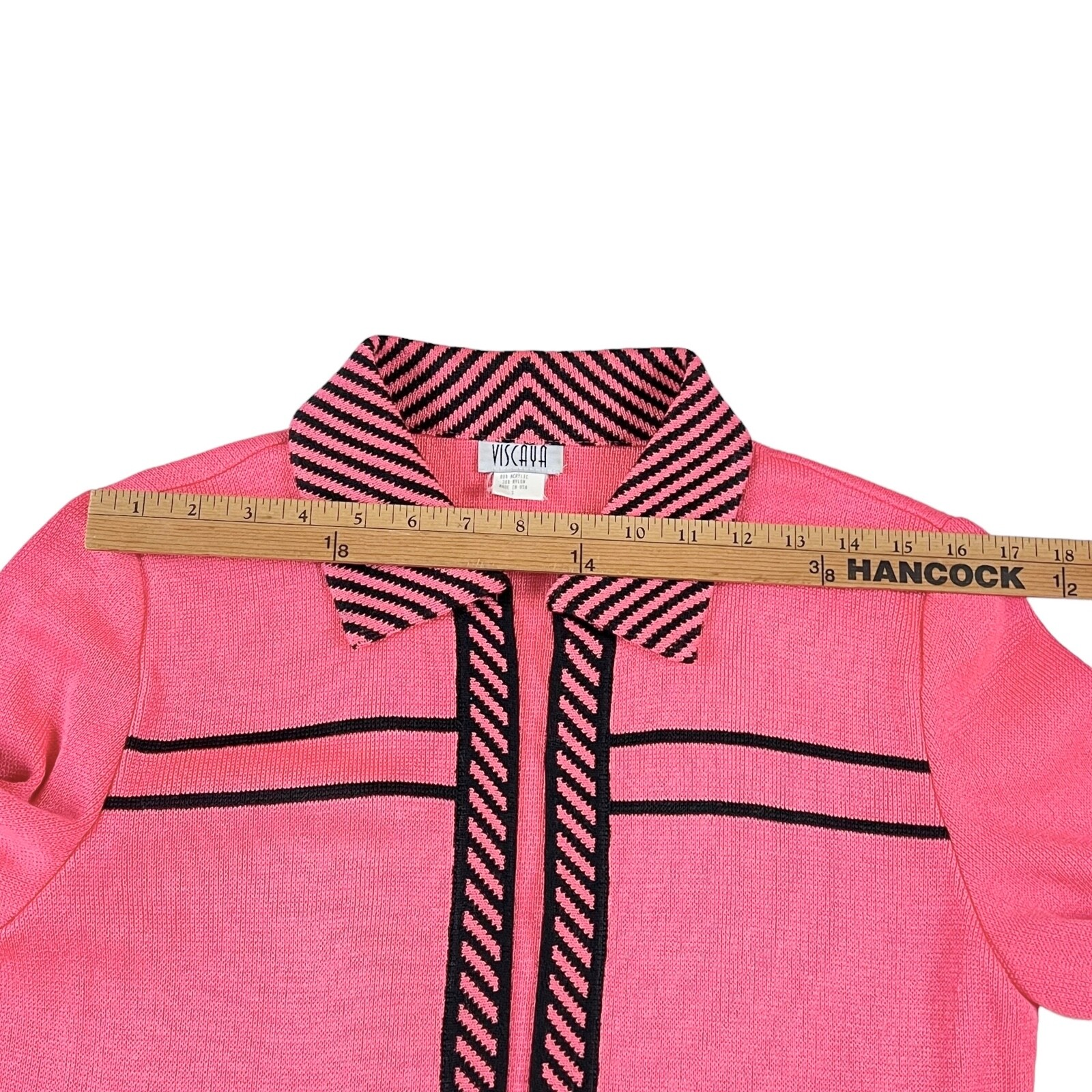 Vtg Viscaya 2pc Knit Tank + Open Cardigan Set Collared Coral w Black Stripe Trim
