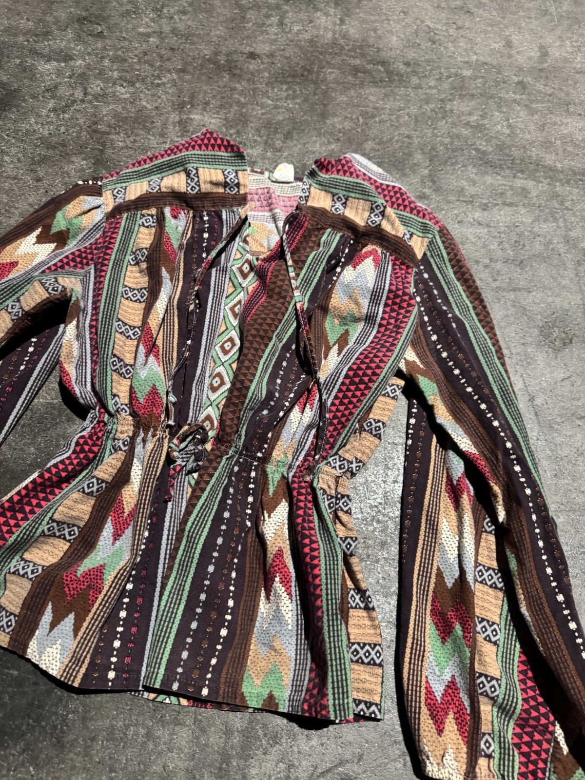 Vintage 1960s Southwestern Boho Western Hippy Blouse Cinched Waist Womens Small