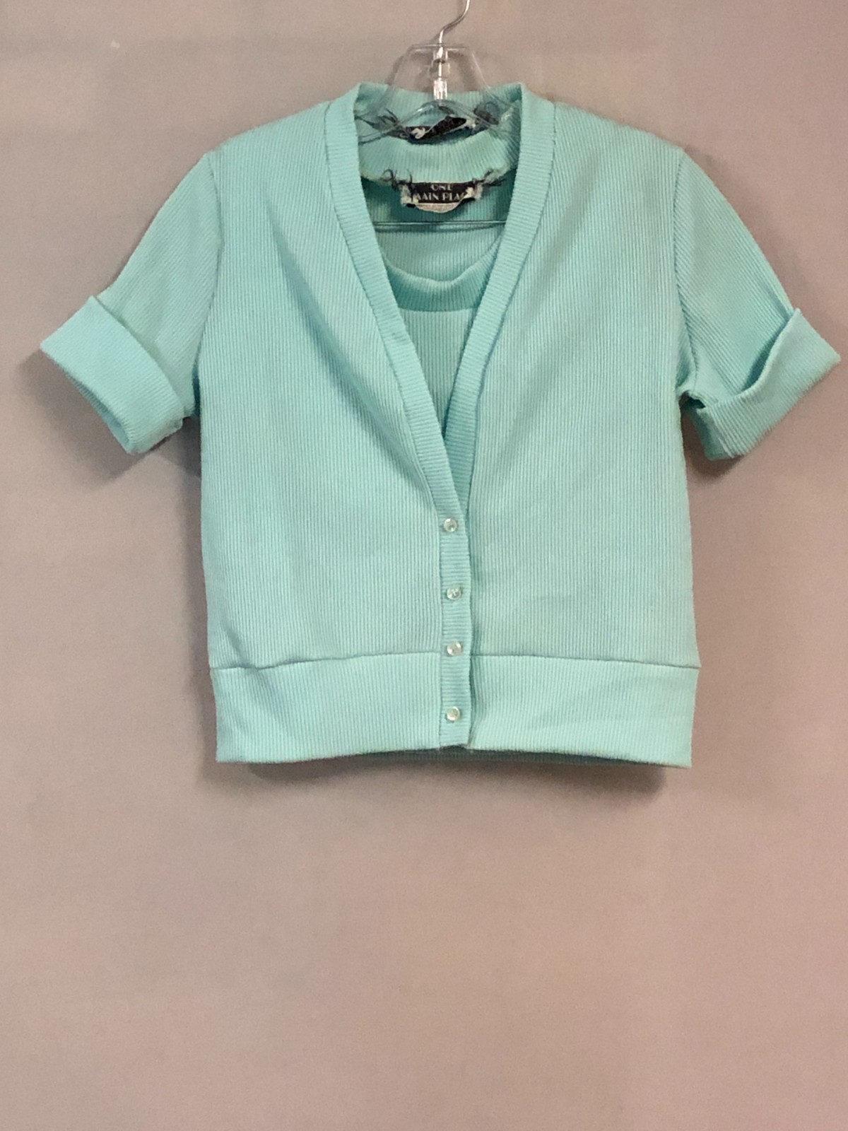 VTG 70s One Main Place Lorch Co. Ribbed Knit 2pc Cardigan Tank Top Set Mint Sz S