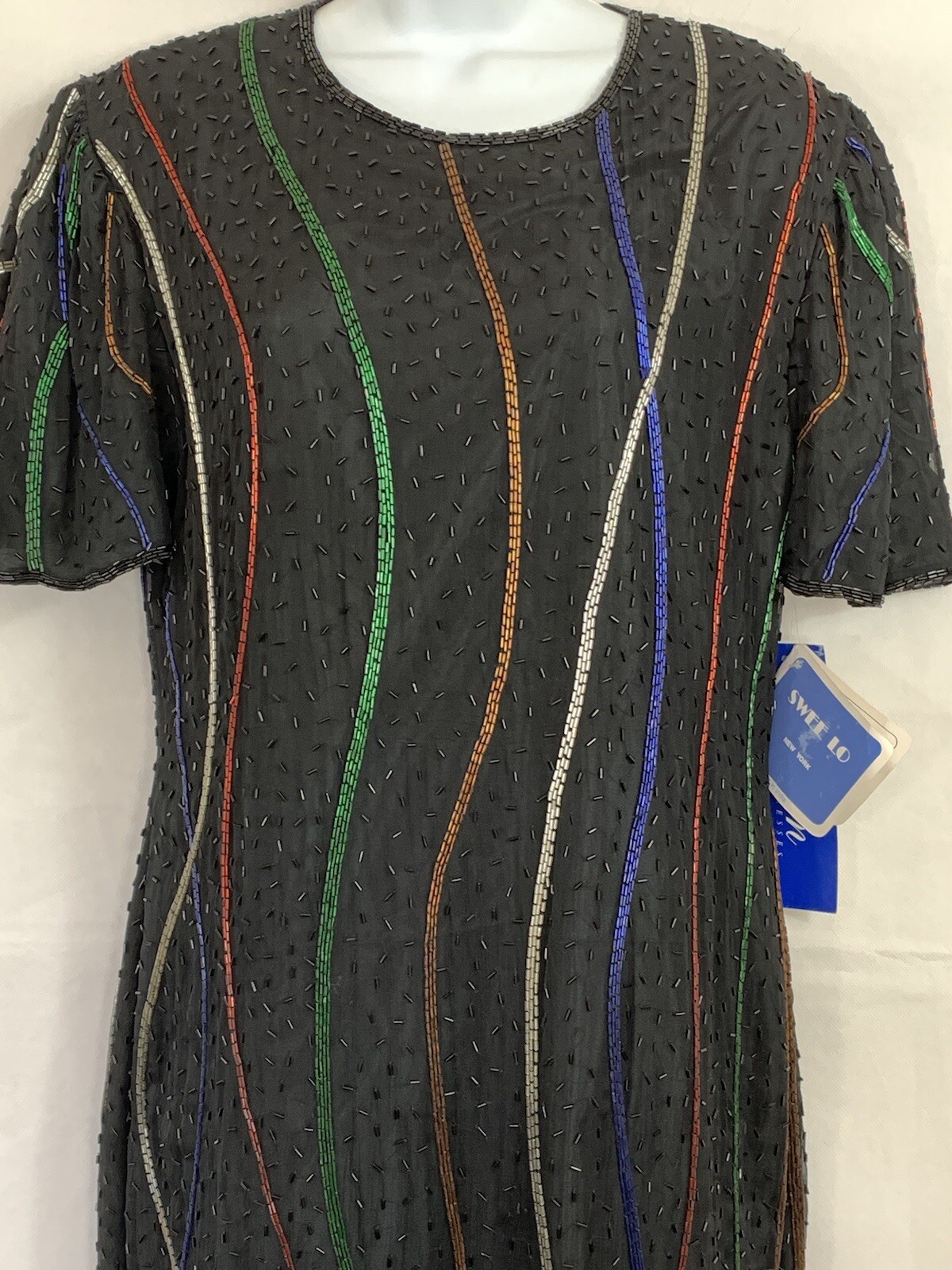 NWTs Vintage Sweelo Sz M Silk Black Multicolored Beaded Dress Lined Short Sleeve