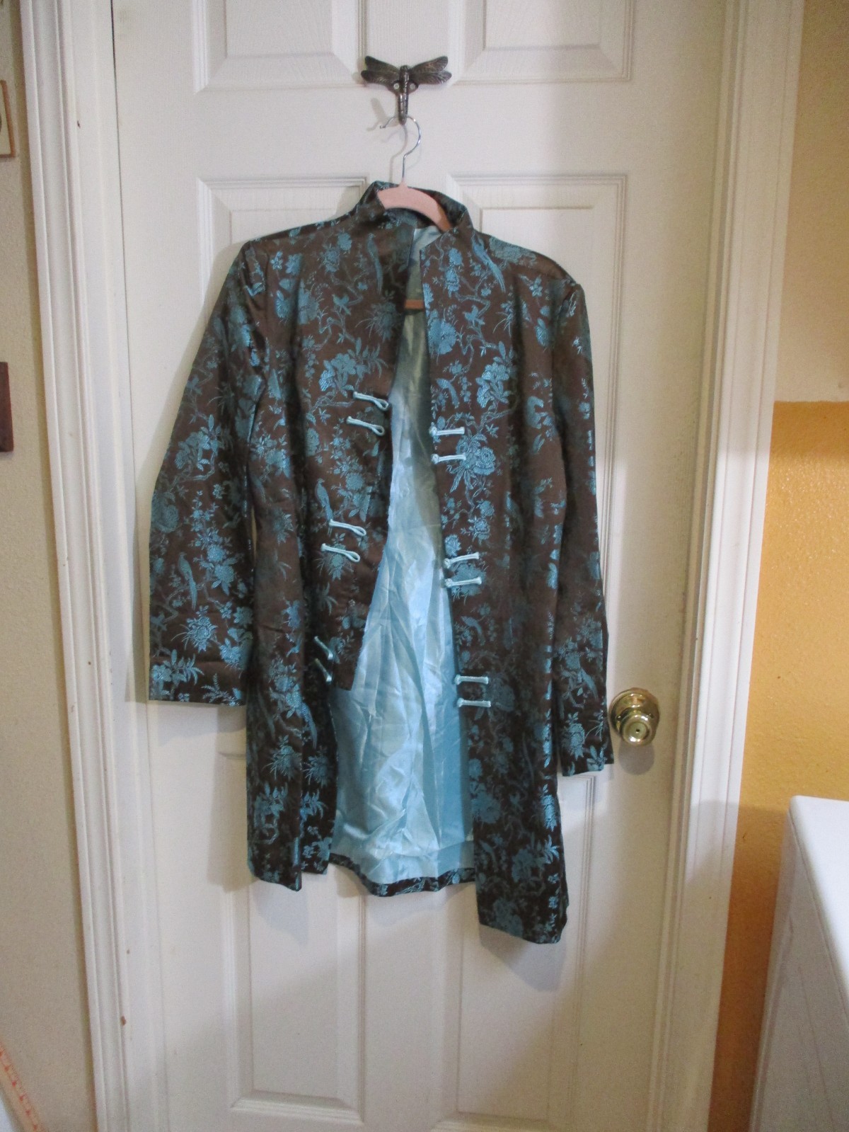 Vintage Asian Embroidered Silk /Rayon Coat/Jacket – Turquoise- Brown -S- M (38)
