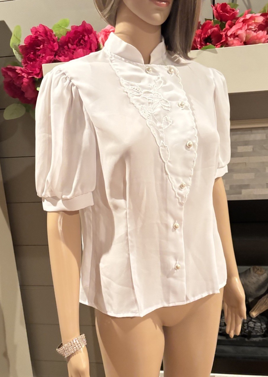 Vtg 50’s white sheer nylon chiffon embroidered secretary geek tailored blouse