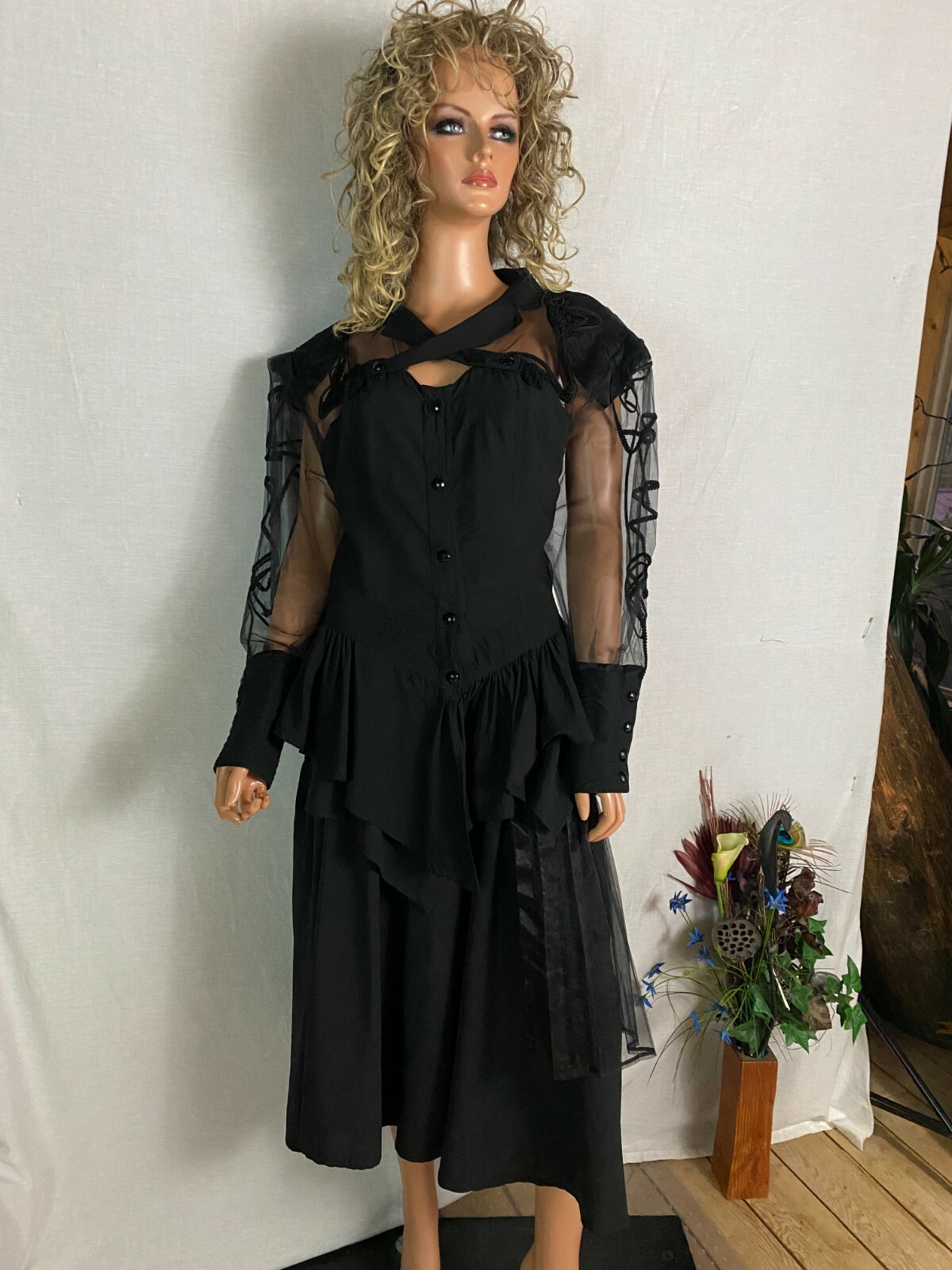 VTG 80s Stevie Nicks Style Black 2 PC Skirt Top Overlay Sheer Goth Steampunk M