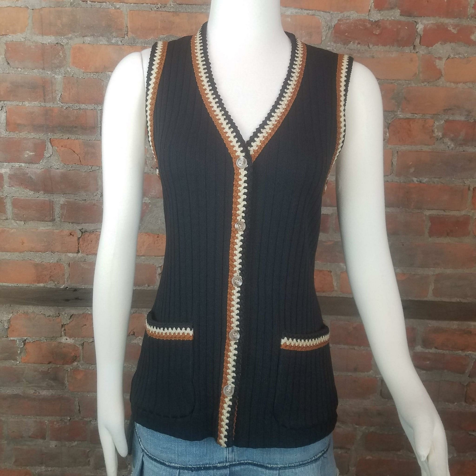 VTG Women’s Vest Black Embroidery Trim Tan Brown Cream Front Pockets Size S