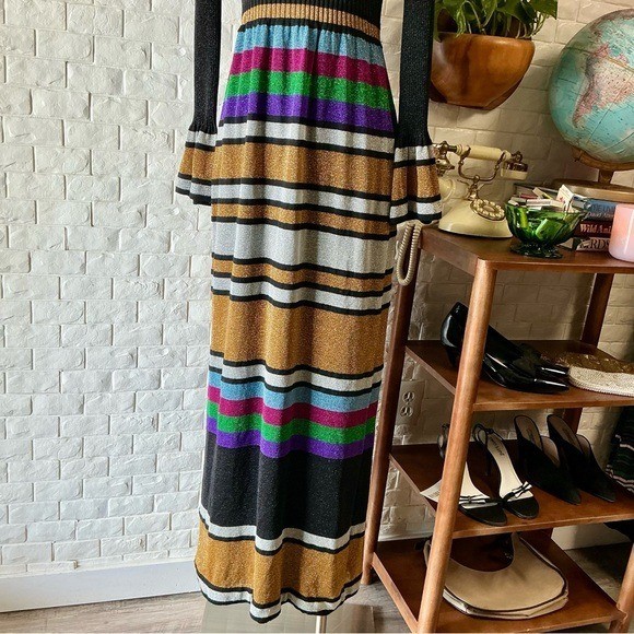 Vintage 1970s Italian Metallic Striped Colorblock Glitter Lurex Ribbed Knit Gown