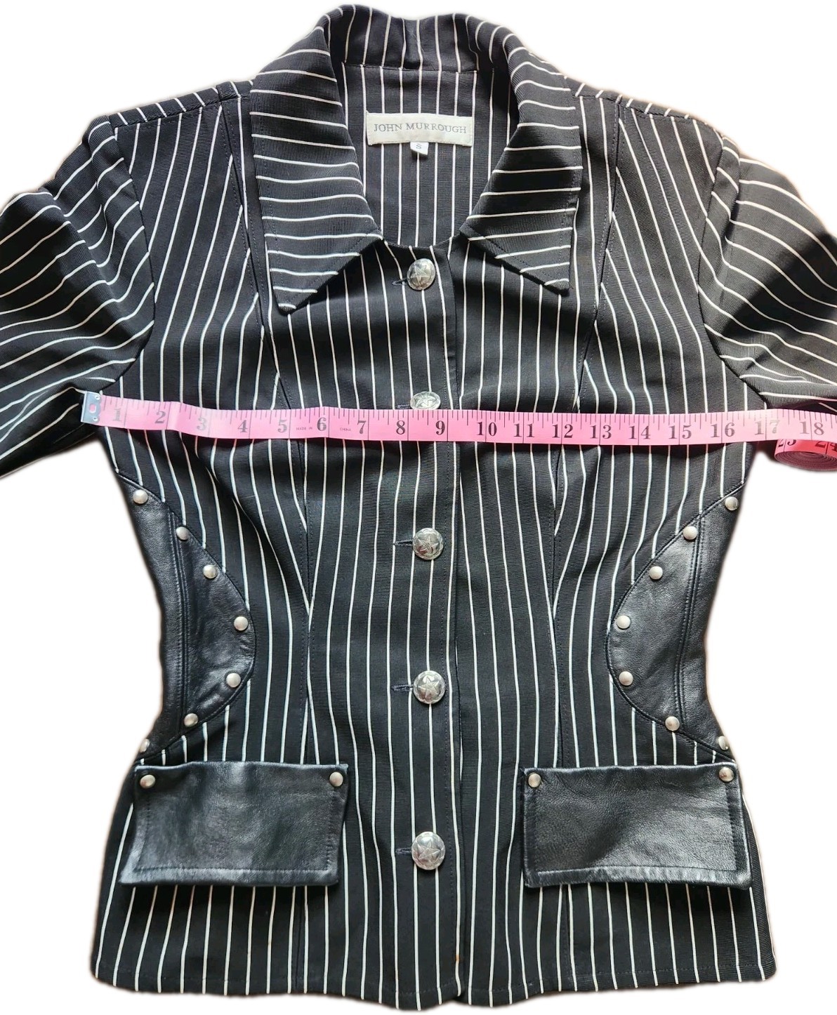 John Murrough Vtg Black Pinstripe Studded Leather Blazer Womens Size Small USA