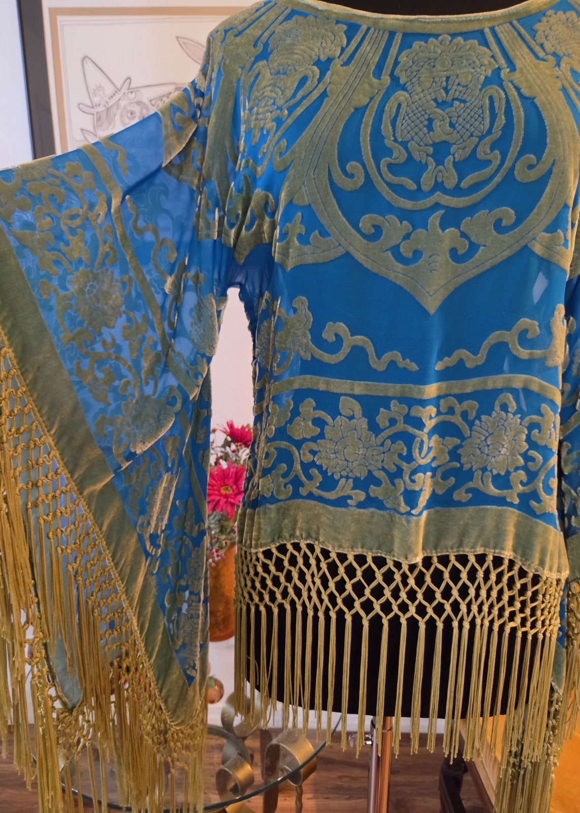 🦄RARE MULIN Burnout 🦋Velvet Fringed Top 🔥Massive Sleeves 18% Silk