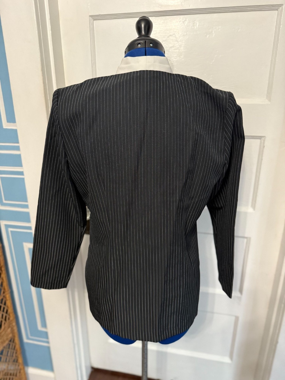 VTG 90s Black + Pinstriped Blazer Pearl Buttons Shoulder Pads, Attached Shirt