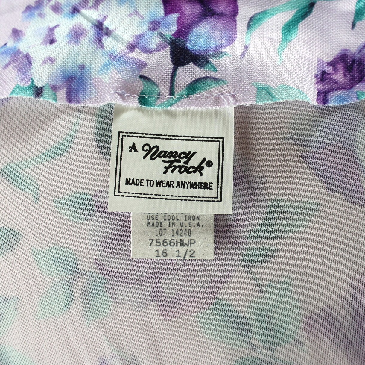 Nancy Frock Wear Anywhere Dress Womens 16 1/2 Purple Floral Long Sleeve Vintage