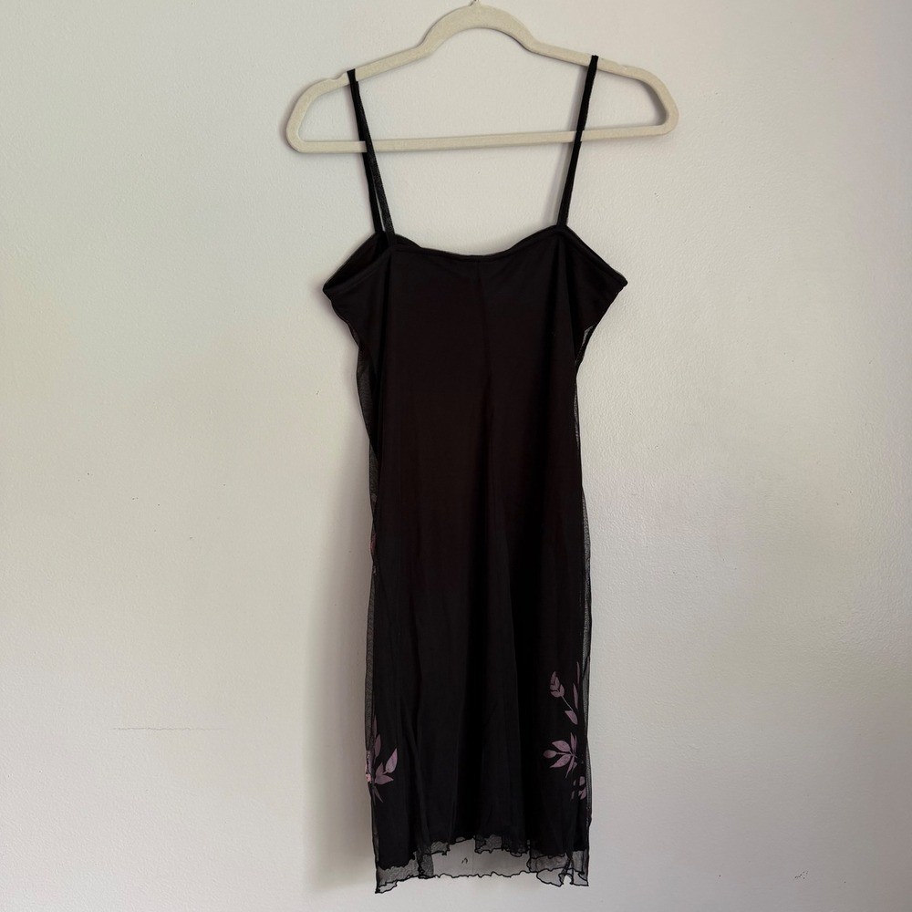 Vintage 90s Black Mesh Floral Embroidered Slip Dress Medium Bonkers Clothing Co
