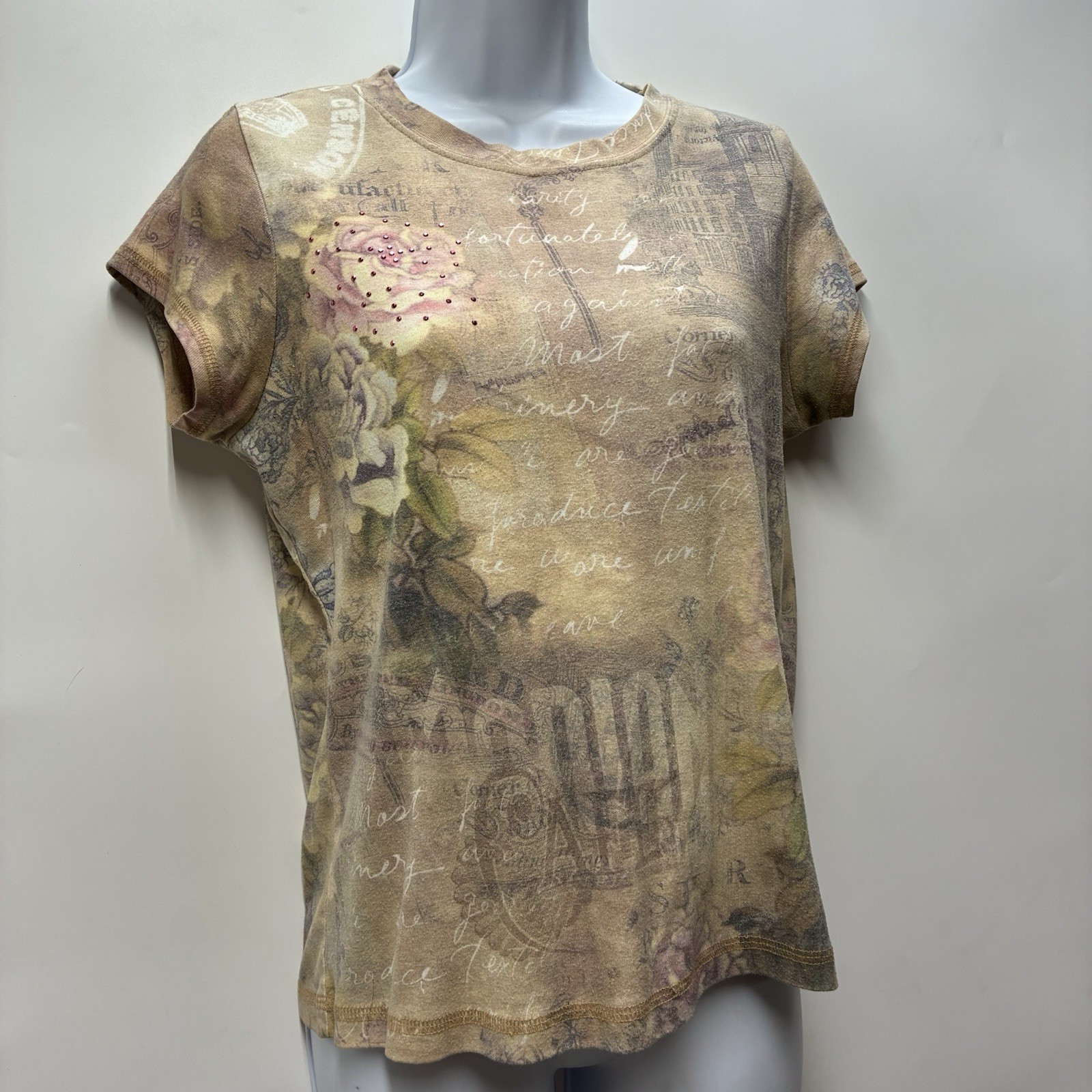 Vintage Y2K Xcit USA Small Short Sleeve Floral Bedazzled Tee T Shirt AOP Girly