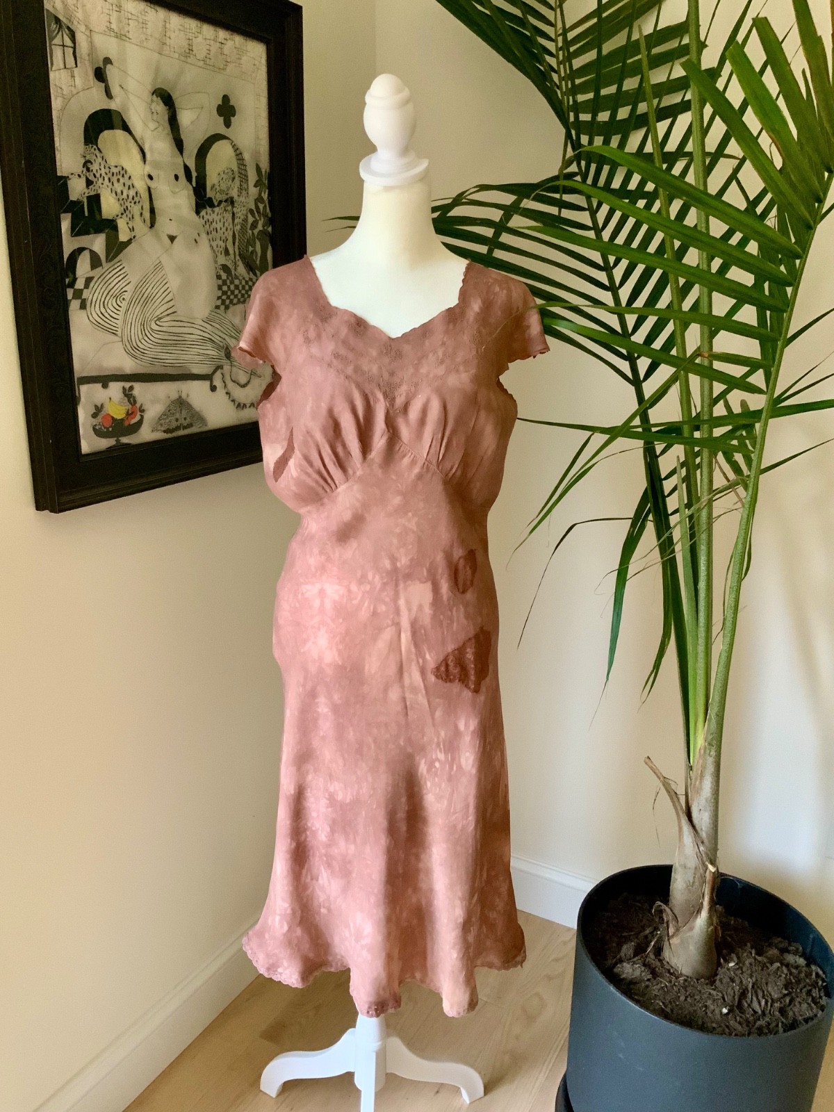 1930s Hand Dyed Silk Dress | Artistically Restored Vintage Lace Appliqué Dress