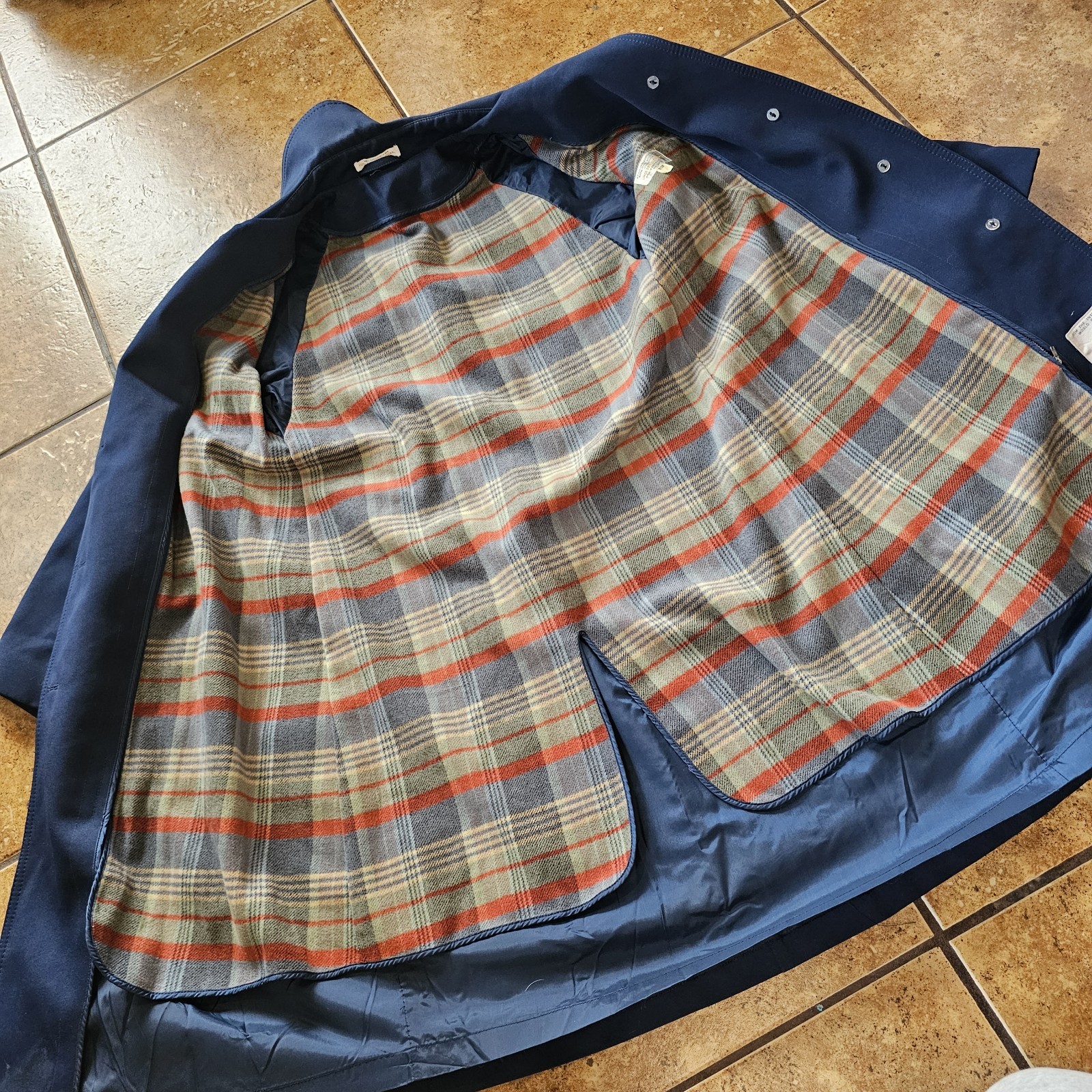 Vintage 70s Trench Coat Plaid Liner Dark Blue Mod Woven Polyester Jacket Classic