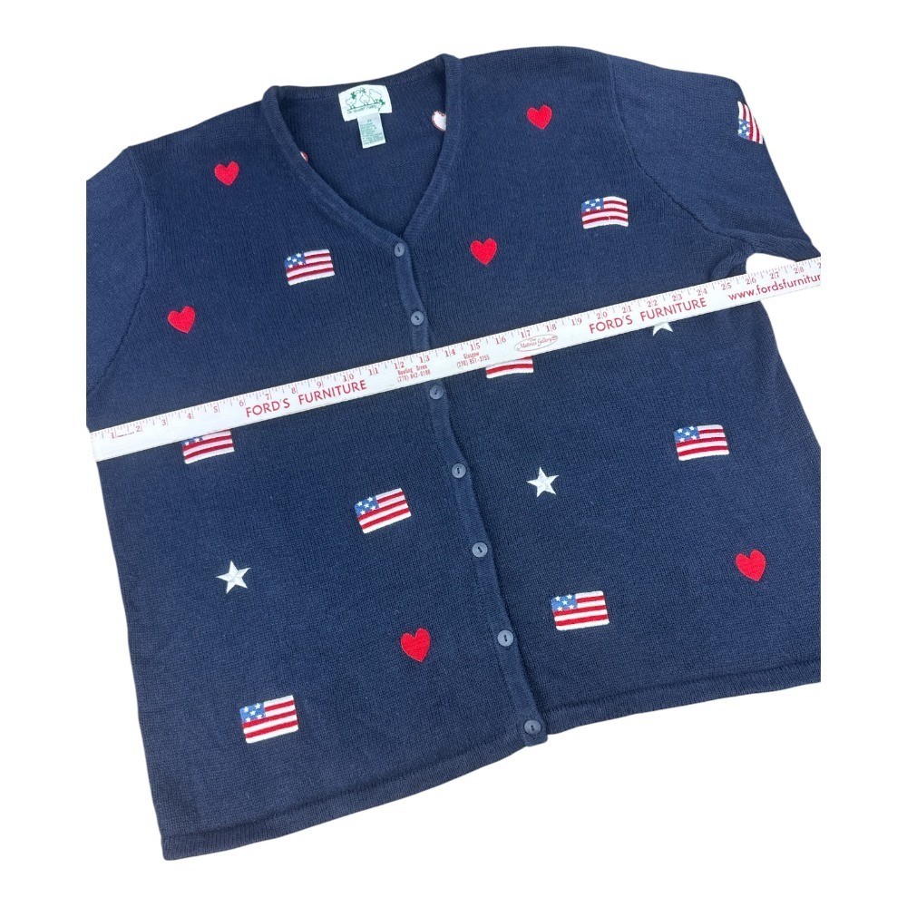 Quacker Factory Vintage Navy Americana Flag Heart Star Cardigan Sweater 2X Cozy