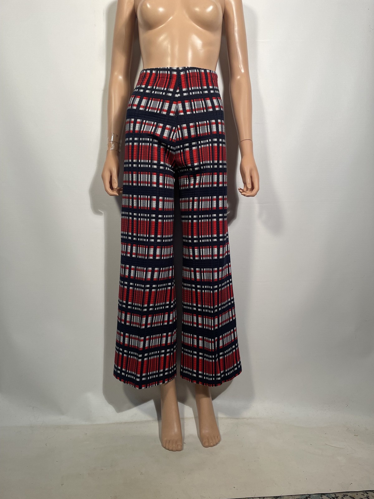 Vintage 1970s Textured Plaid Red White And Blue Flare Leg Pants Size 28×29