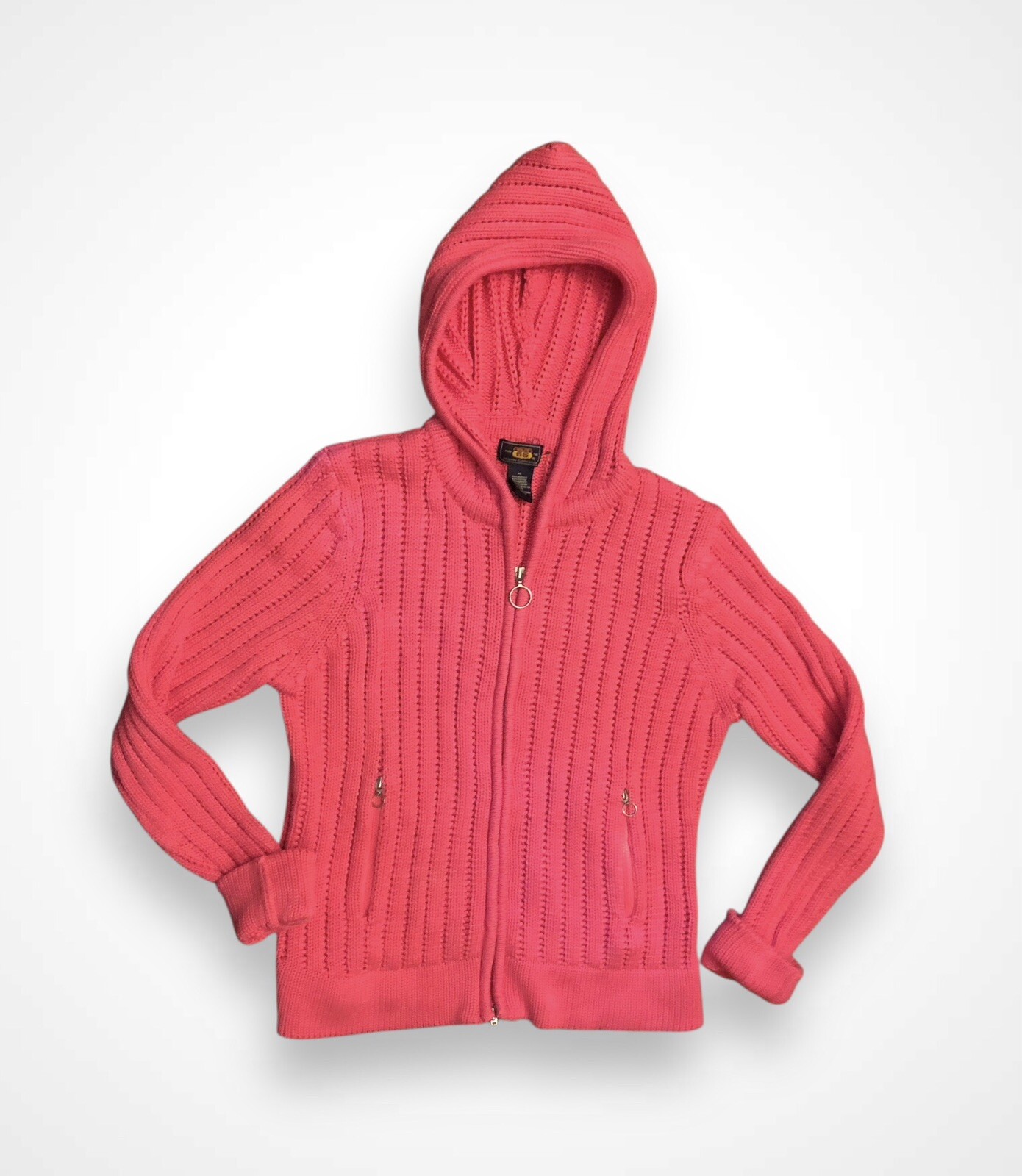 Vintage Y2K Route 66 Hot Pink Cable Knit Hoodie Zip Cardigan Sweater XL