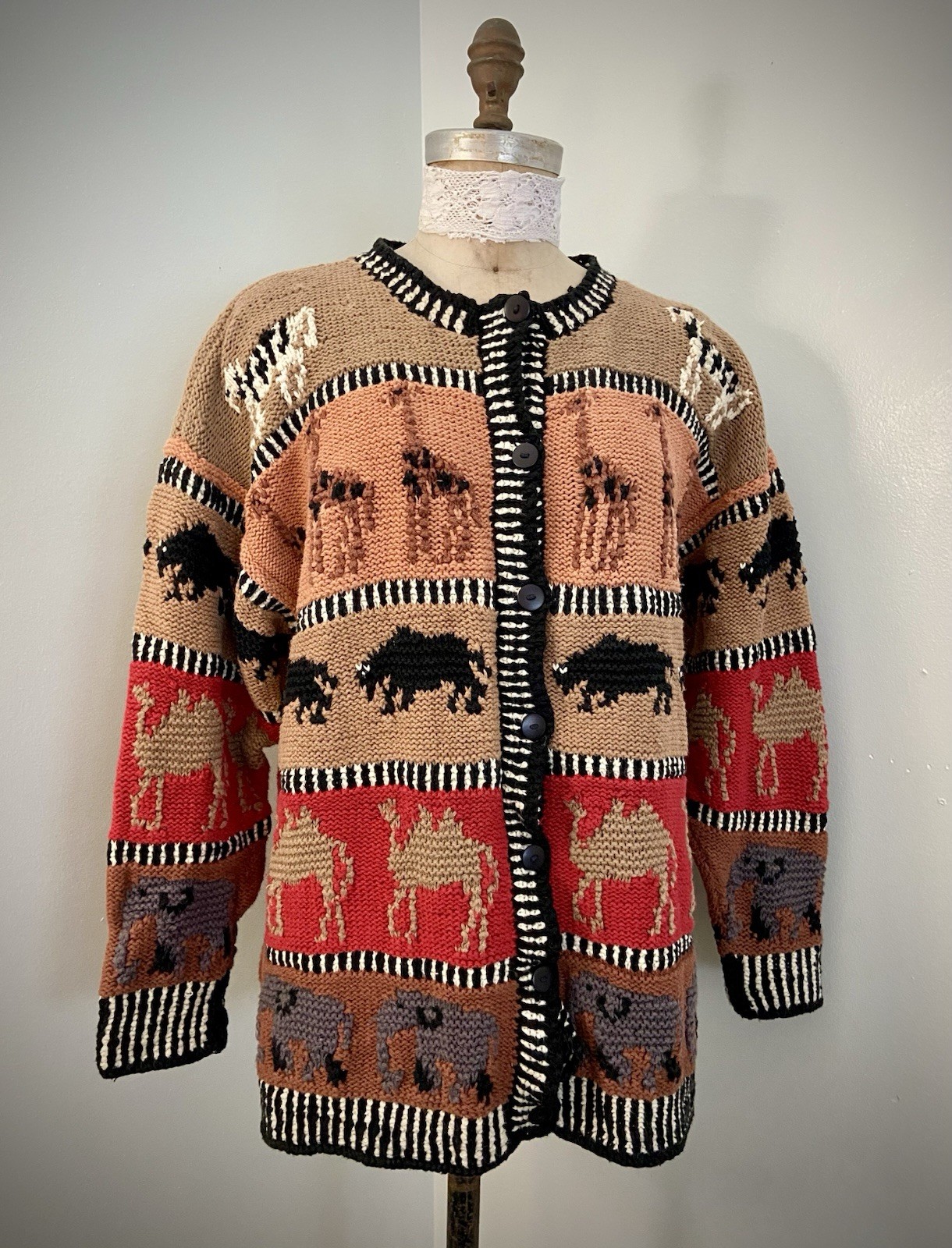 Grannycore Vntg 80s Mariea Kim Cotton Cardigan SZ L Elephants Camels Zebra
