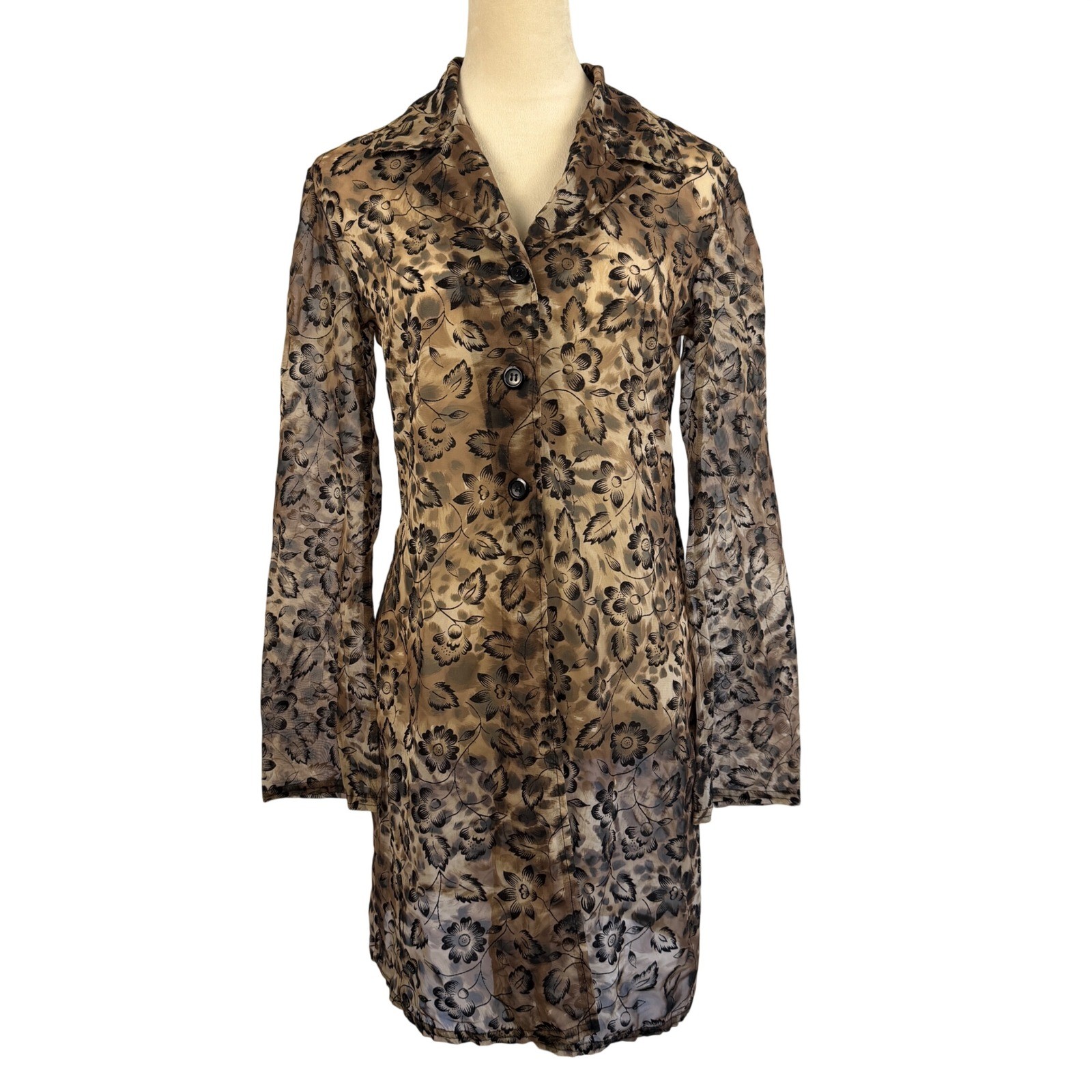 Vintage 90’s Breakin Loose Sheer Floral Leopard Print Duster Brown Black 5/6