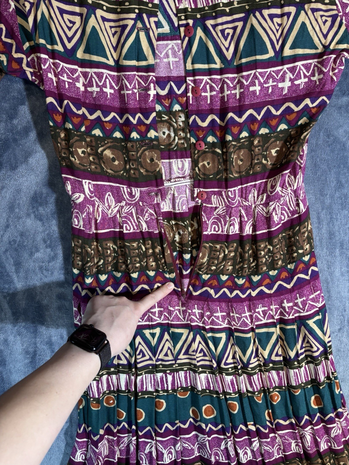 RabbitRabbit Geometric Multicolor Pink Rayon 90s Vintage Dress with Belt Size 12