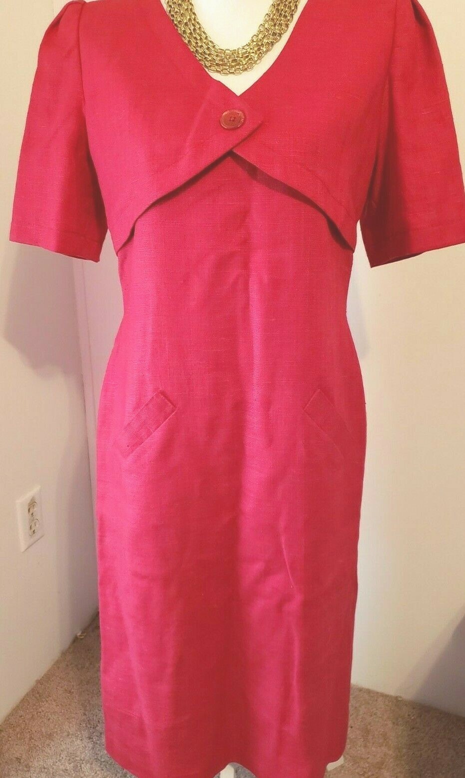 WILLIAM PEARSON Vintage Red Linen Lined Short Sleeve Sheath Dress Size 8/10