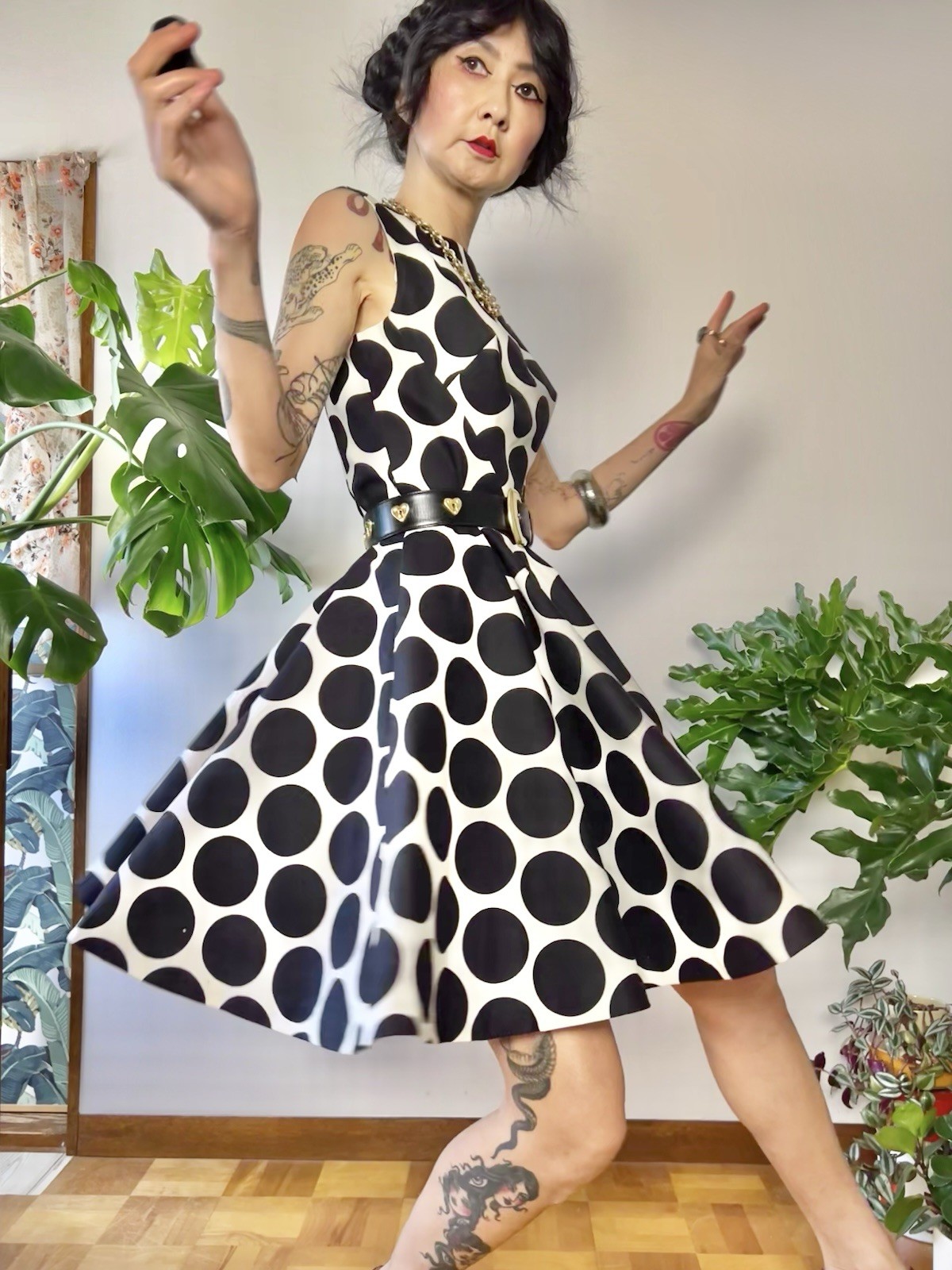 VTG 60s does 50s SABA CA Polka Dot Circle Skirt Dress Bullet Bust Mod S/M