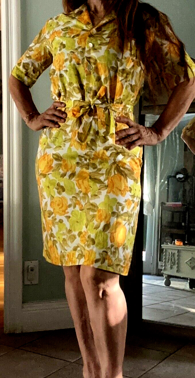 Vintage Ca 1960s sleeveless yellow lemon colors belt multicolor nylon dress