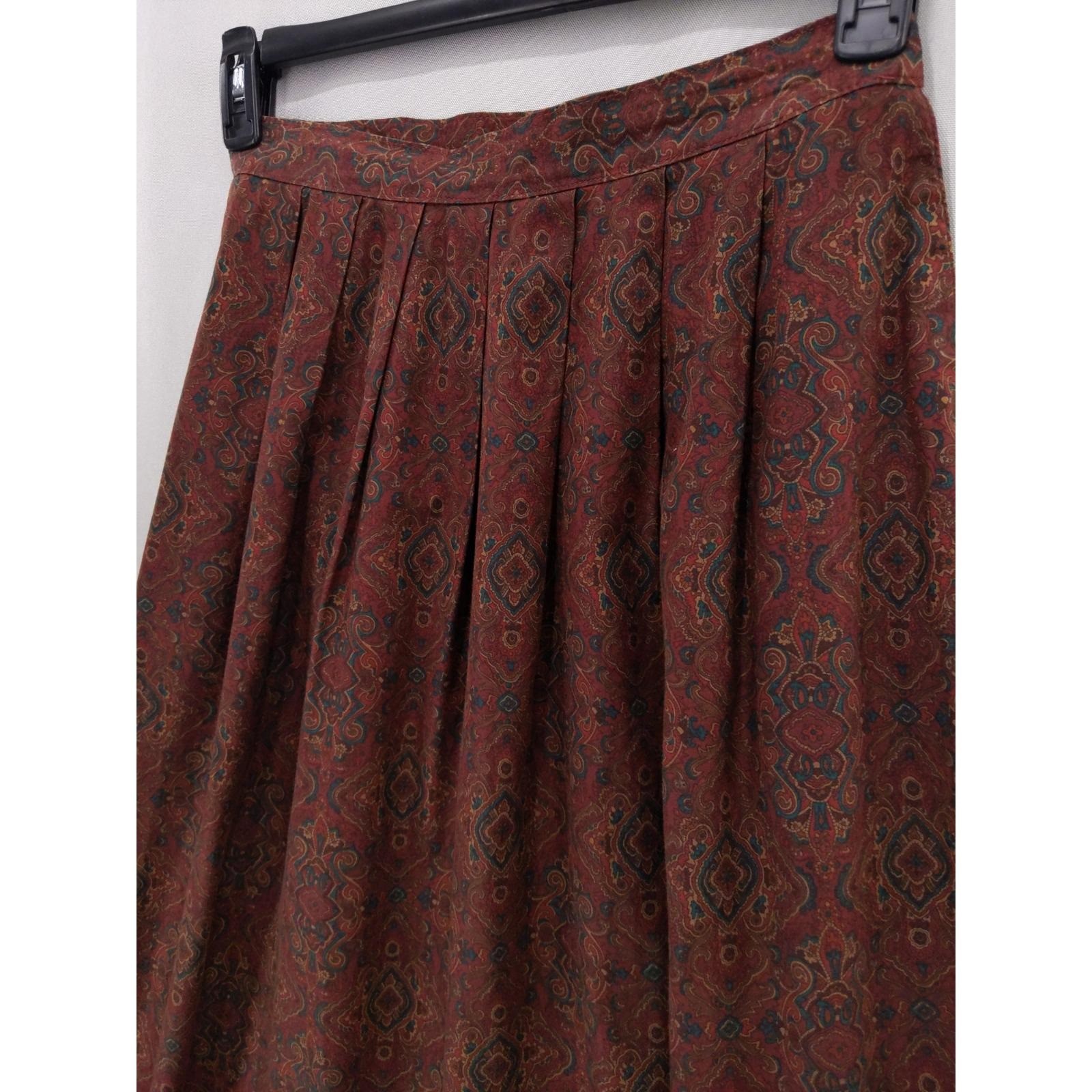 vtg Brooks Brothers Midi Skirt Womens 12 High Waist Burgundy Paisley Pleated