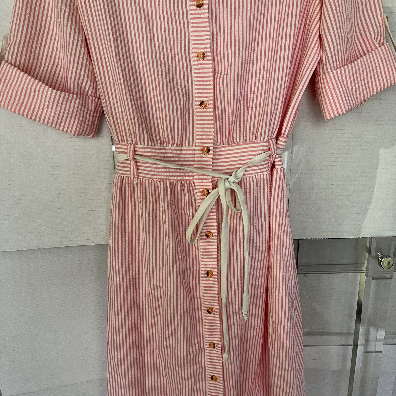 vintage Kenny Classics Shirt Dress pink Belted Fit Flare Button Up Womens sz 12