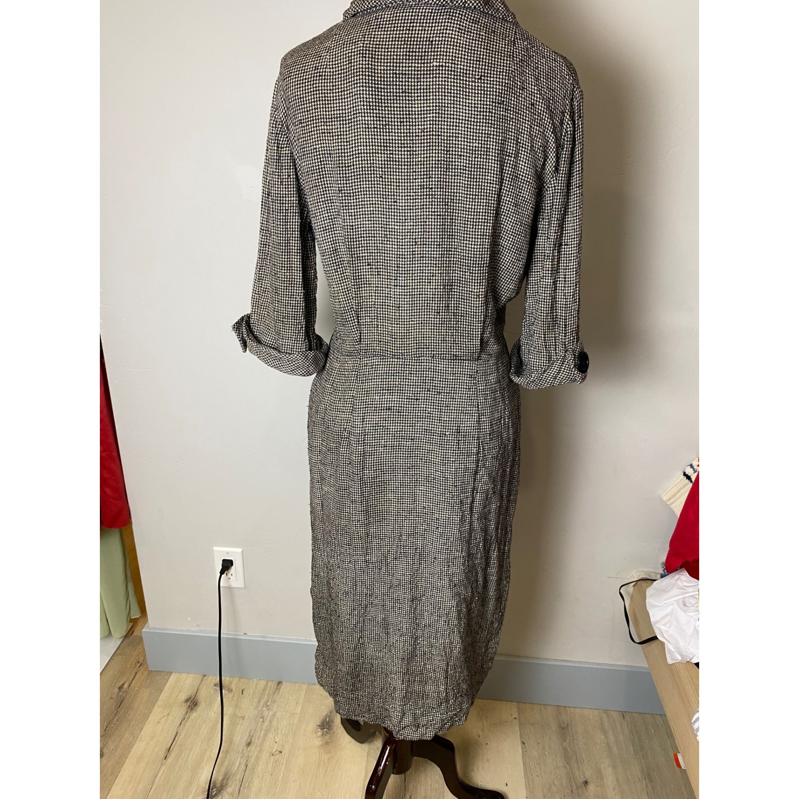 Vintage 40’/50’s Houndstooth Button Front Midi Coat Dress S