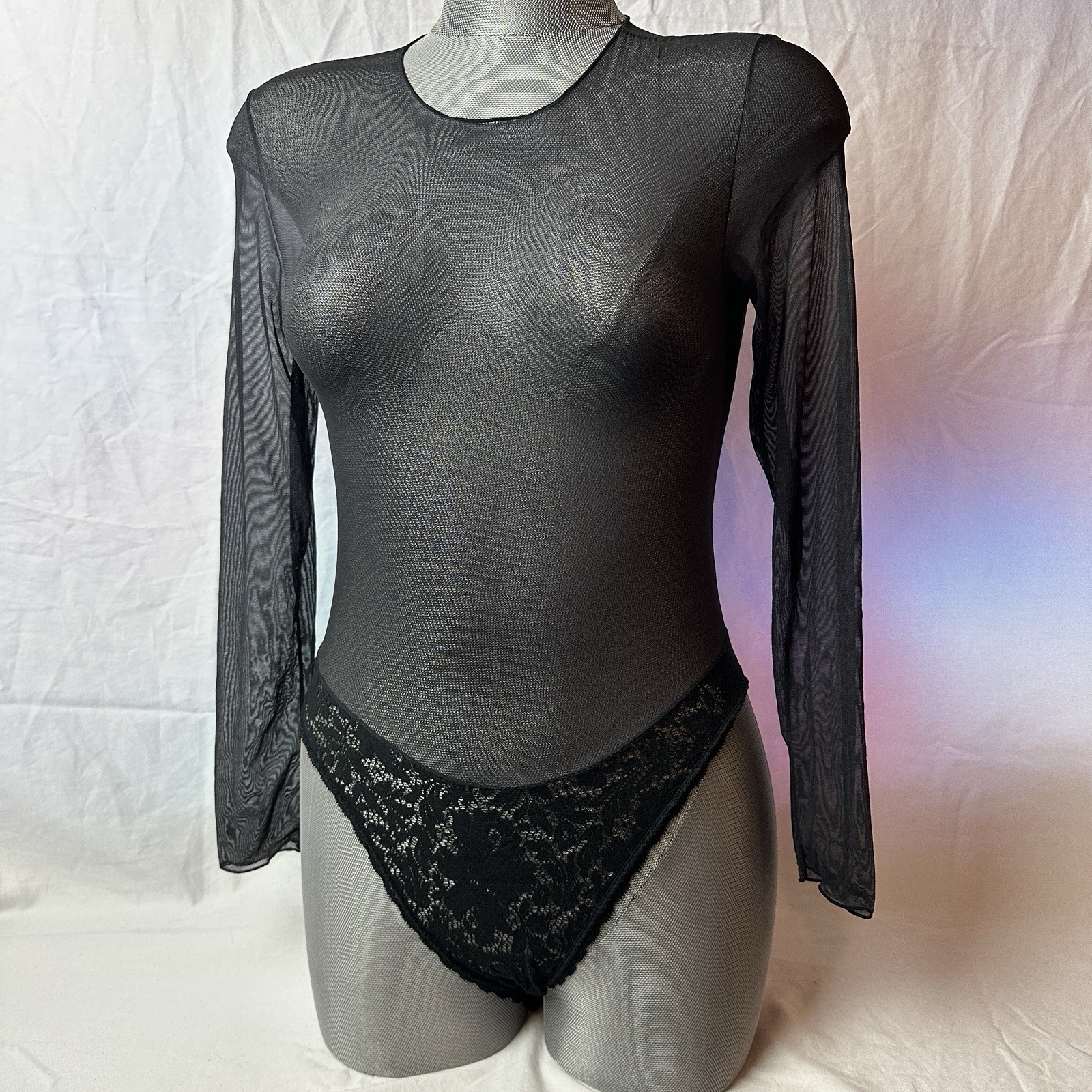 Vtg 80s Guy Laroche Black Sheet Bodysuit Teddy Romper Lace Bottom Sz S Nylon