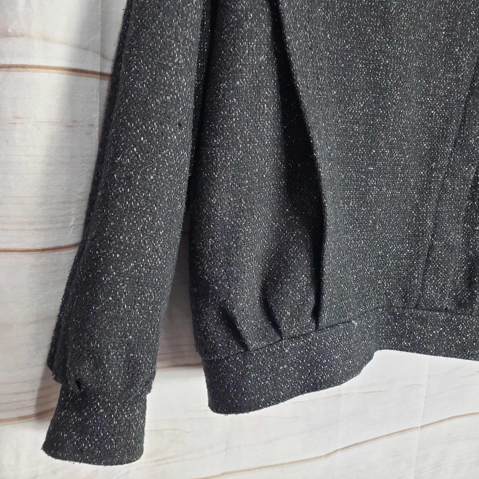 Vintage 80s Wool Leather Speckled Black Button Bomber Jacket Coat Size Medium