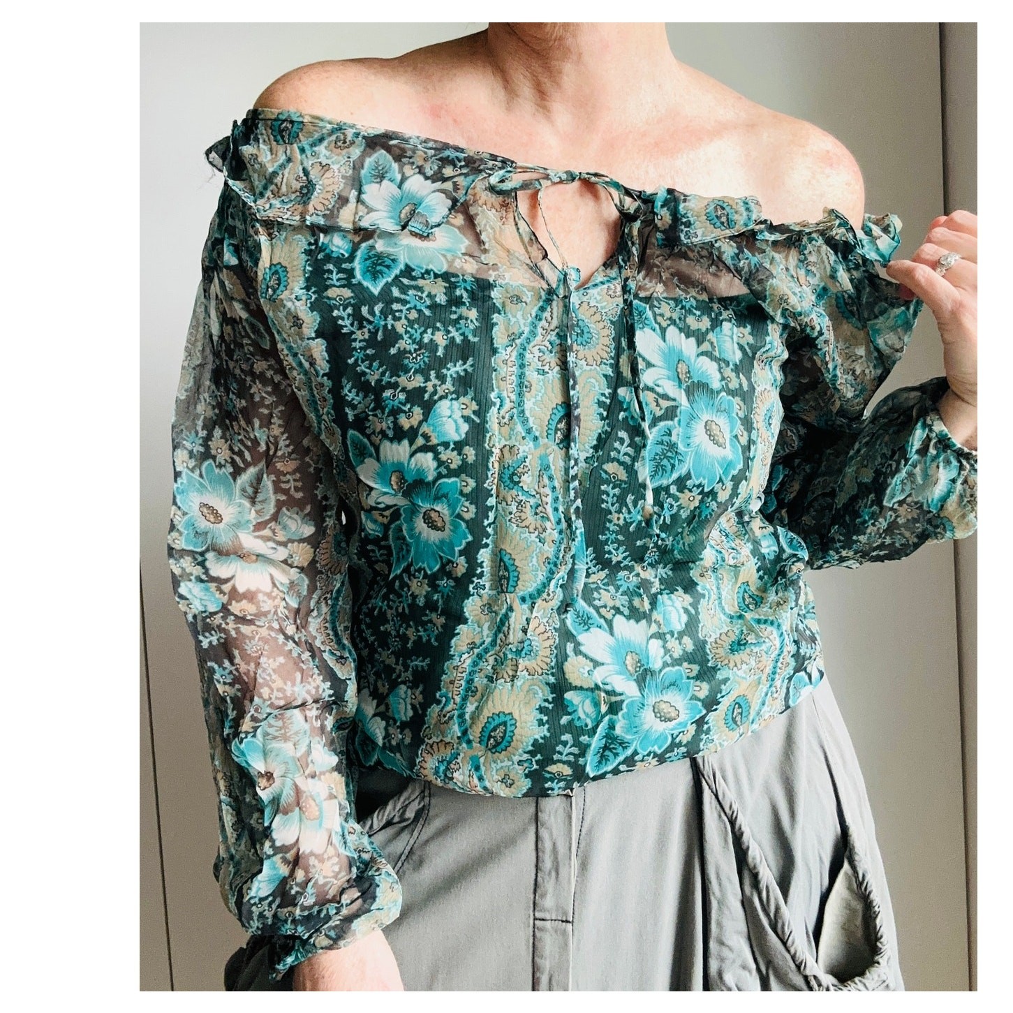 Womens Vintage Sheer Floral Poet Blouse Teal White ruffled Collar Designer