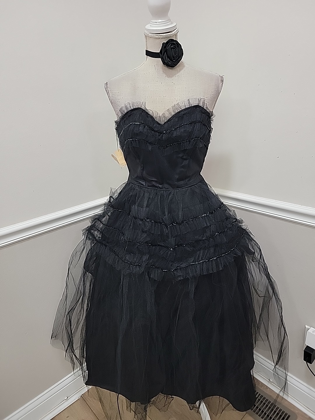 VTG 1950s Mid-Century Black Tulle Party Dress Nipped Waist New Look NWT