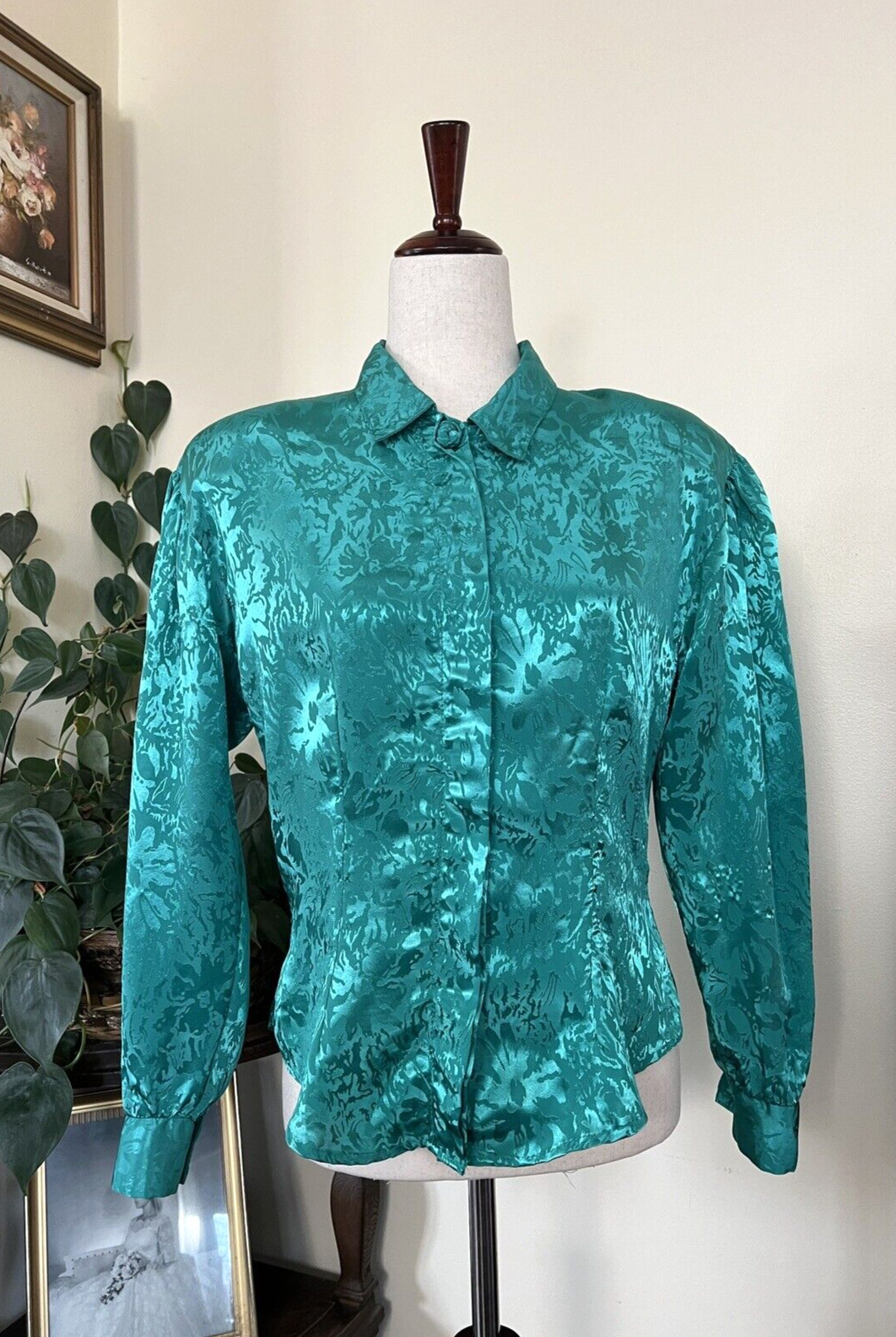 Jonathan Martin Vintage Jade Green Floral Jacquard Blouse sz 7/8