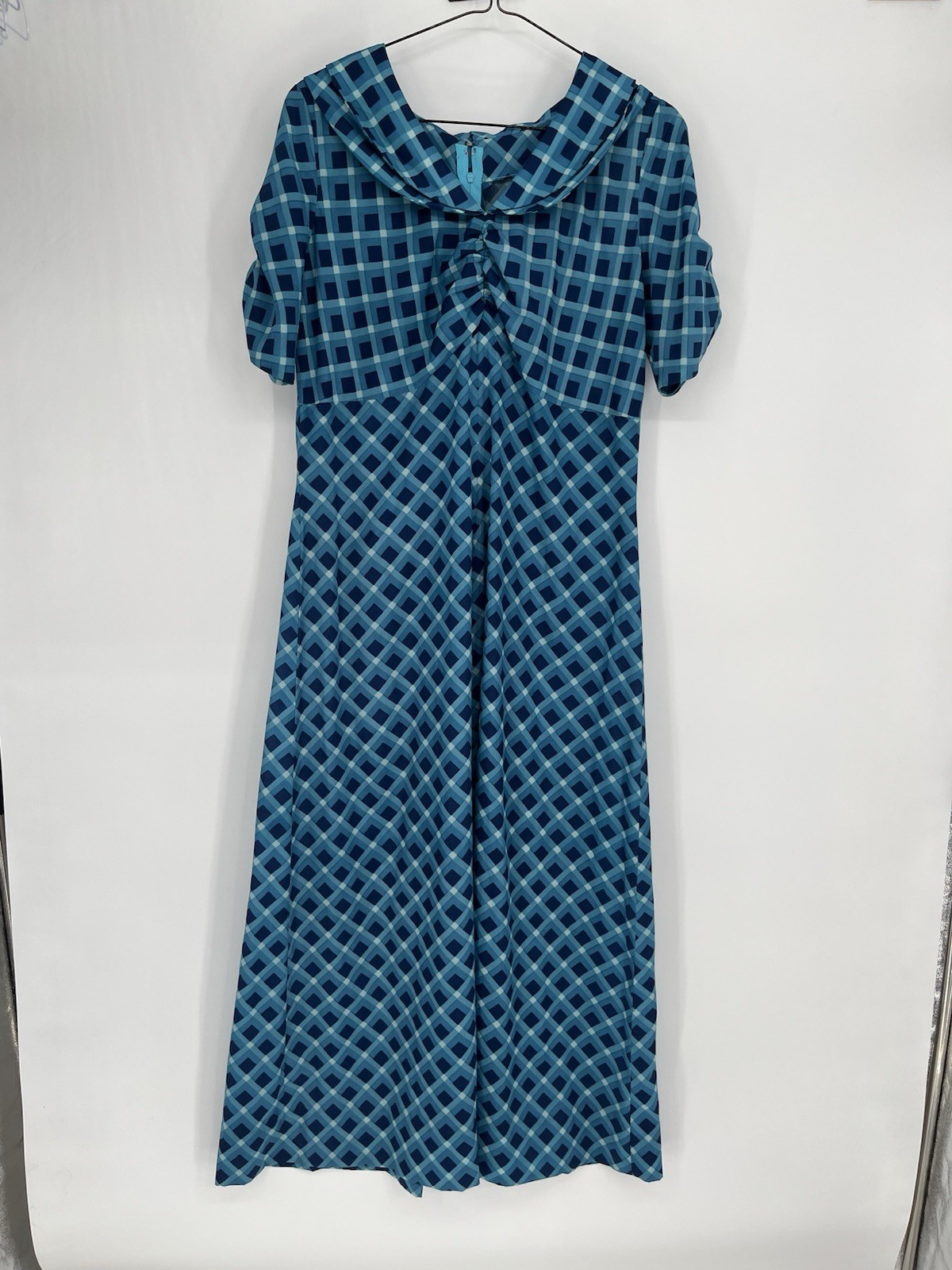 Vtg Blue Checkered Maxi Dress Double Collar Puff Sleeve No Size Approx. M/L