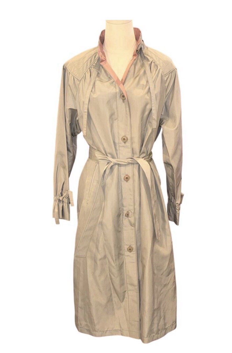 Vintage 80s London Fog Trench Coat Petite 12 Belted Raincoat USA Gray