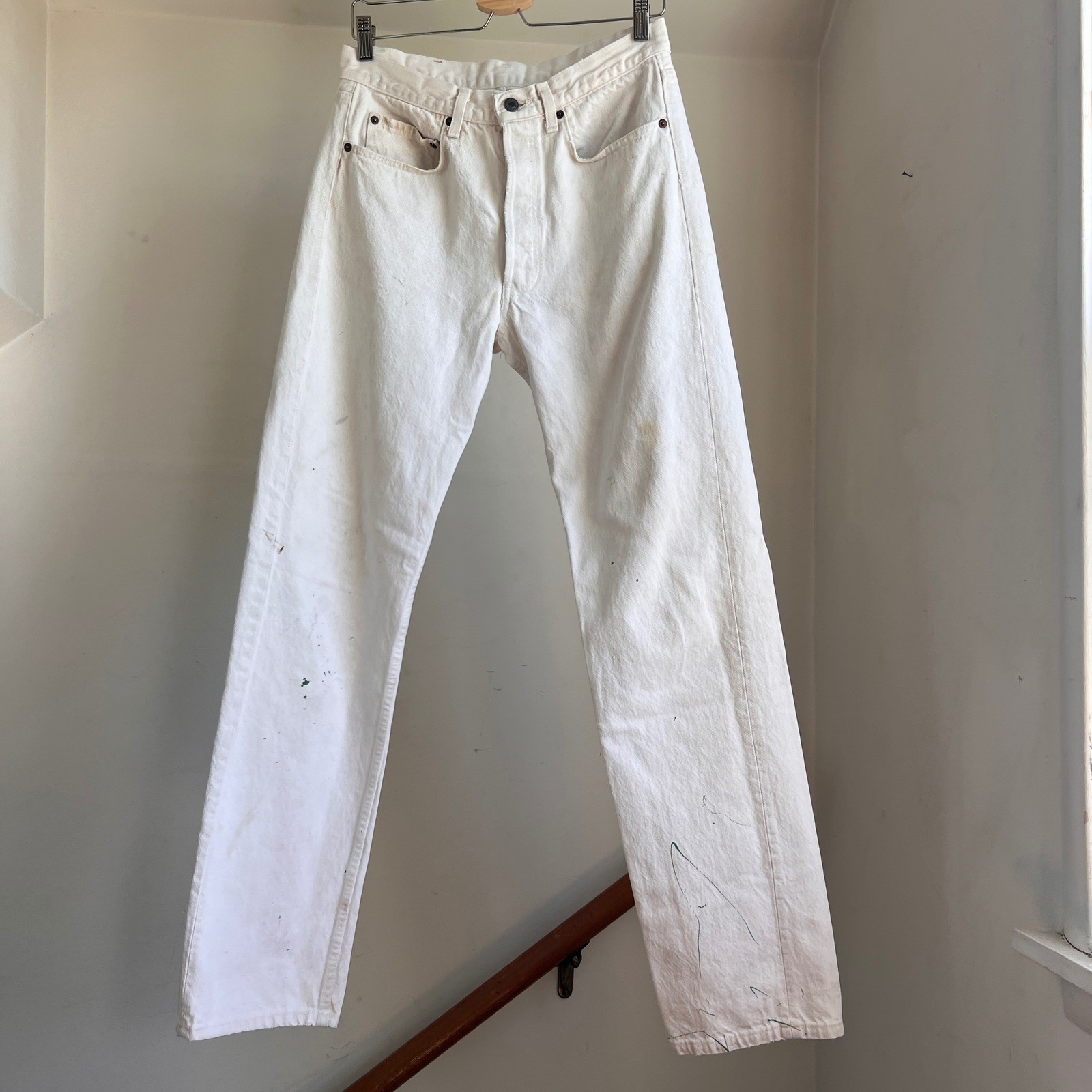 Vintage Levis 501 Straight Leg Jeans Size 30 White Distressed Paint Splatter 90s