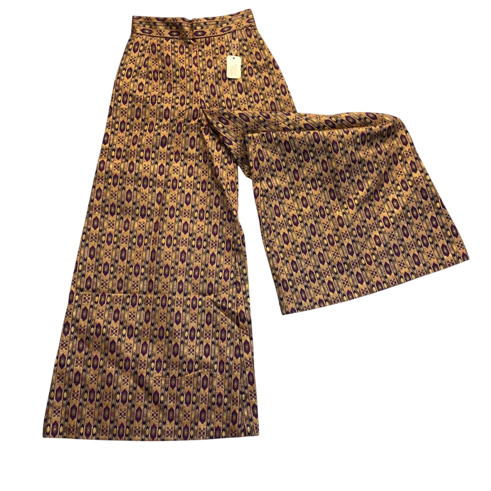 Vintage BSAC ILGWU Wide Leg Palazzo Pants Purple Gold Metallic Ikat Print Sz 10